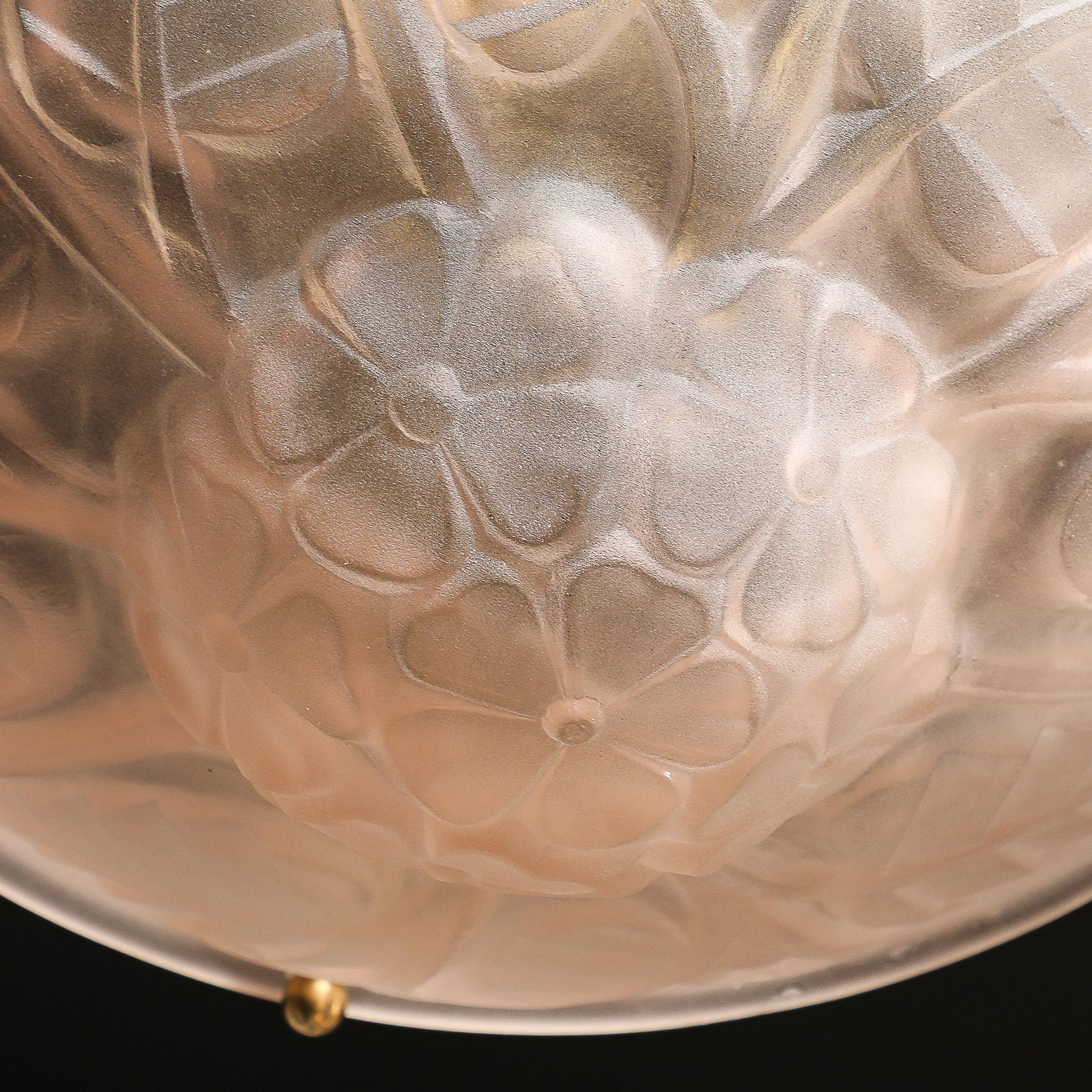 Art Deco Frosted Rose Glass Pendant Chandelier Signed Degué For Sale 9