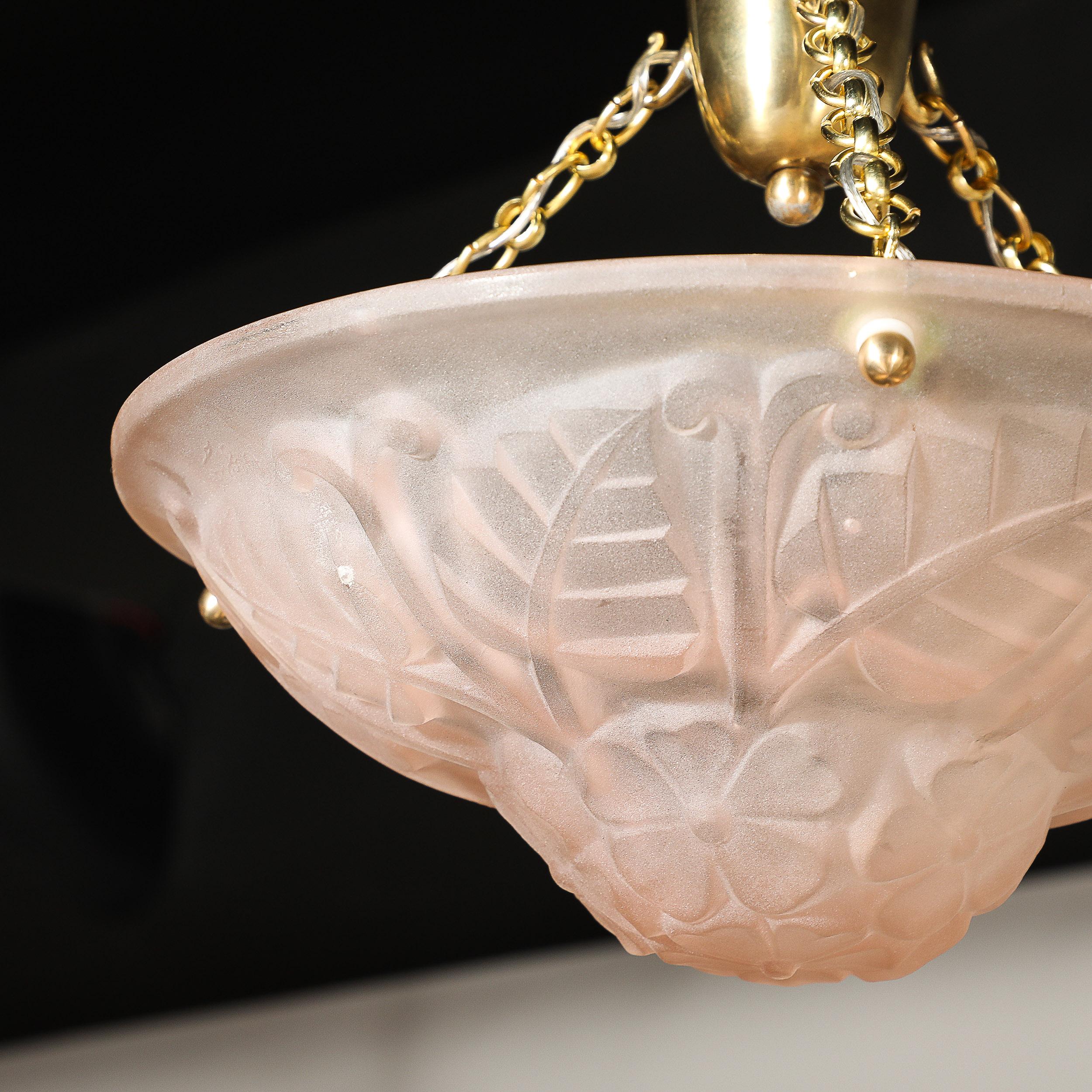 Art Deco Frosted Rose Glass Pendant Chandelier Signed Degué For Sale 12