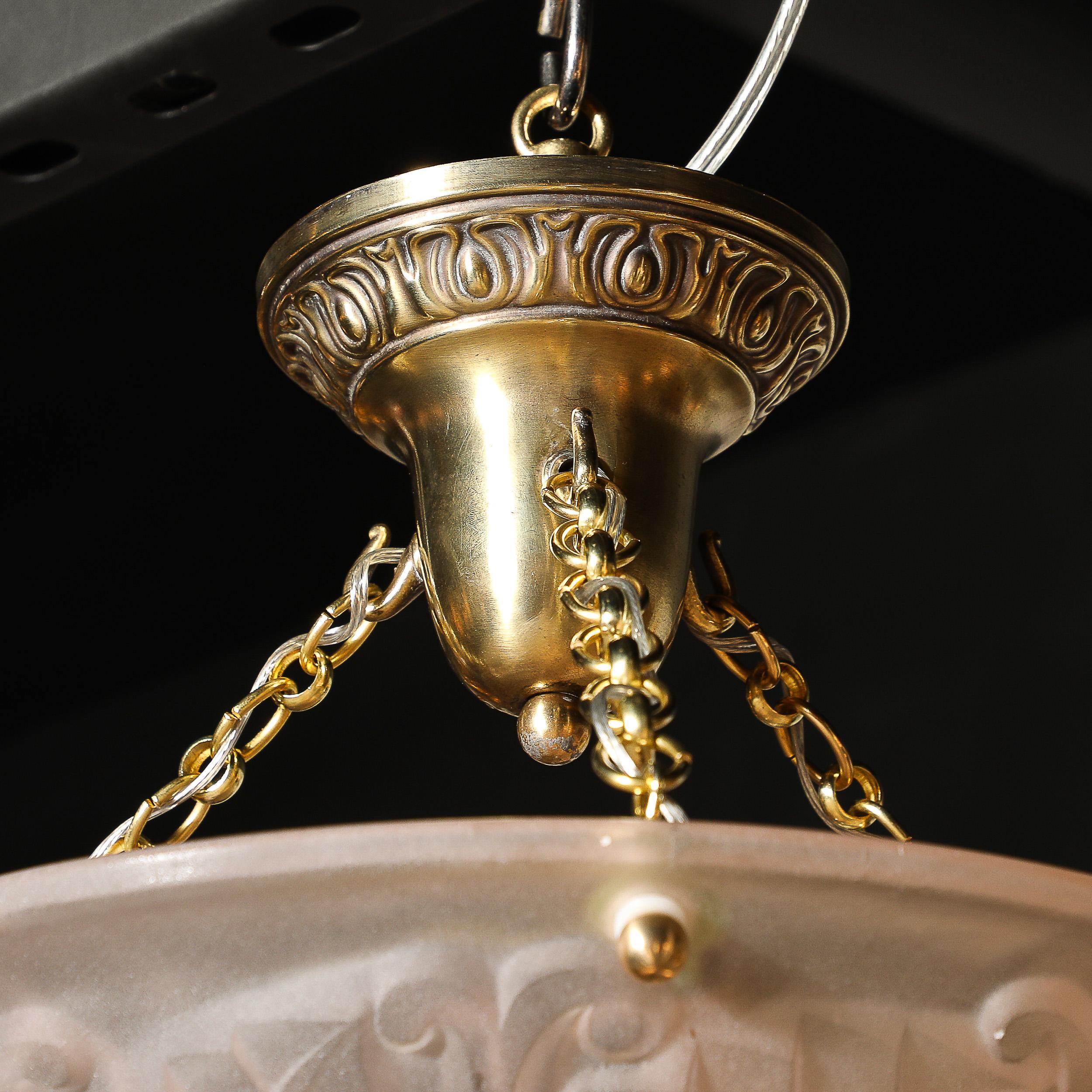 Art Deco Frosted Rose Glass Pendant Chandelier Signed Degué For Sale 13