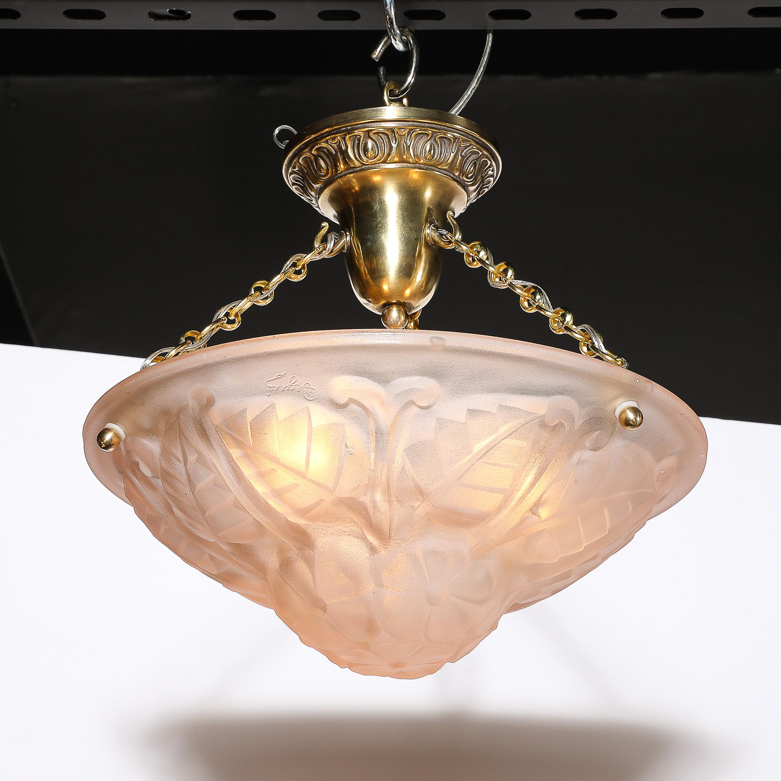 French Art Deco Frosted Rose Glass Pendant Chandelier Signed Degué For Sale