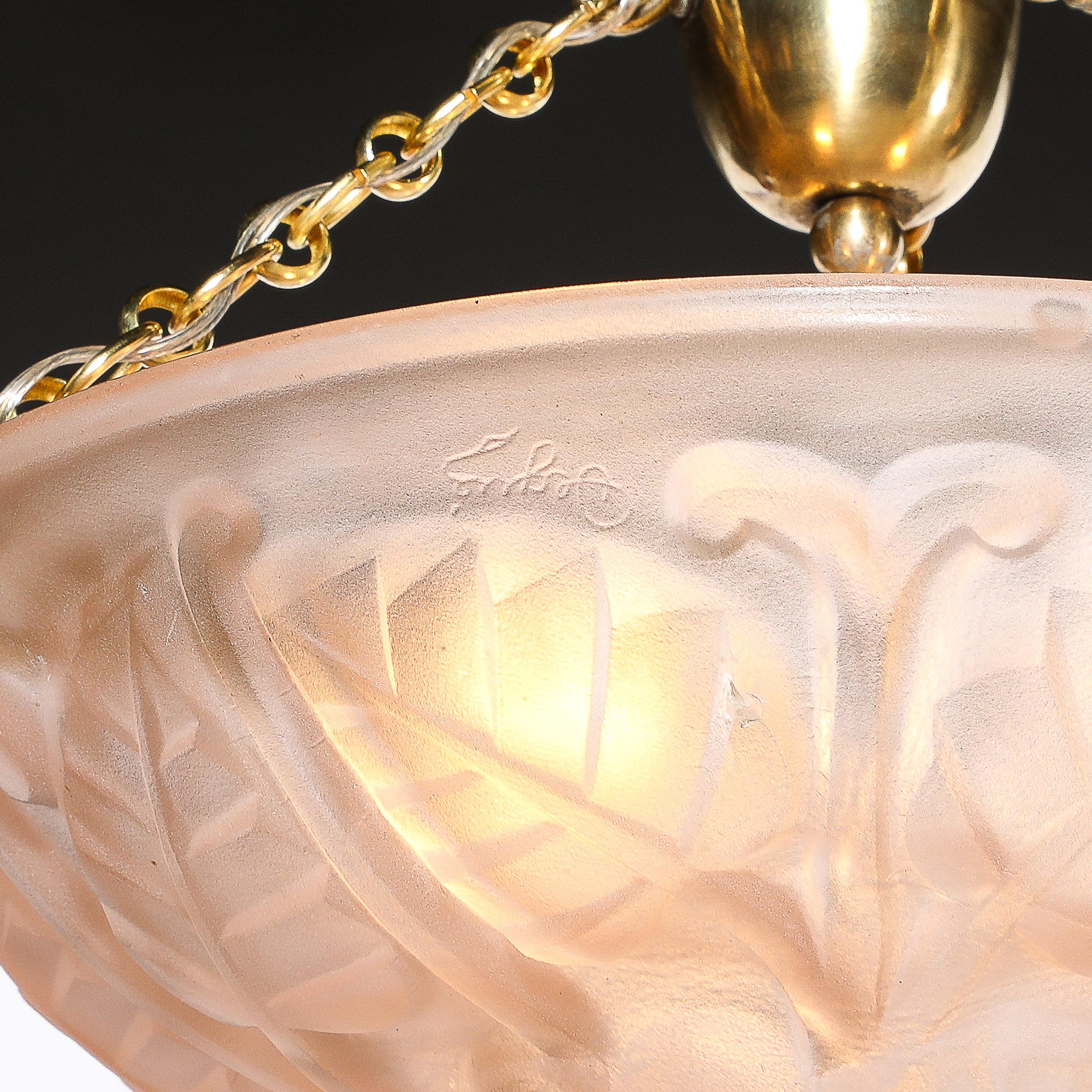 Art Deco Frosted Rose Glass Pendant Chandelier Signed Degué In Excellent Condition For Sale In New York, NY