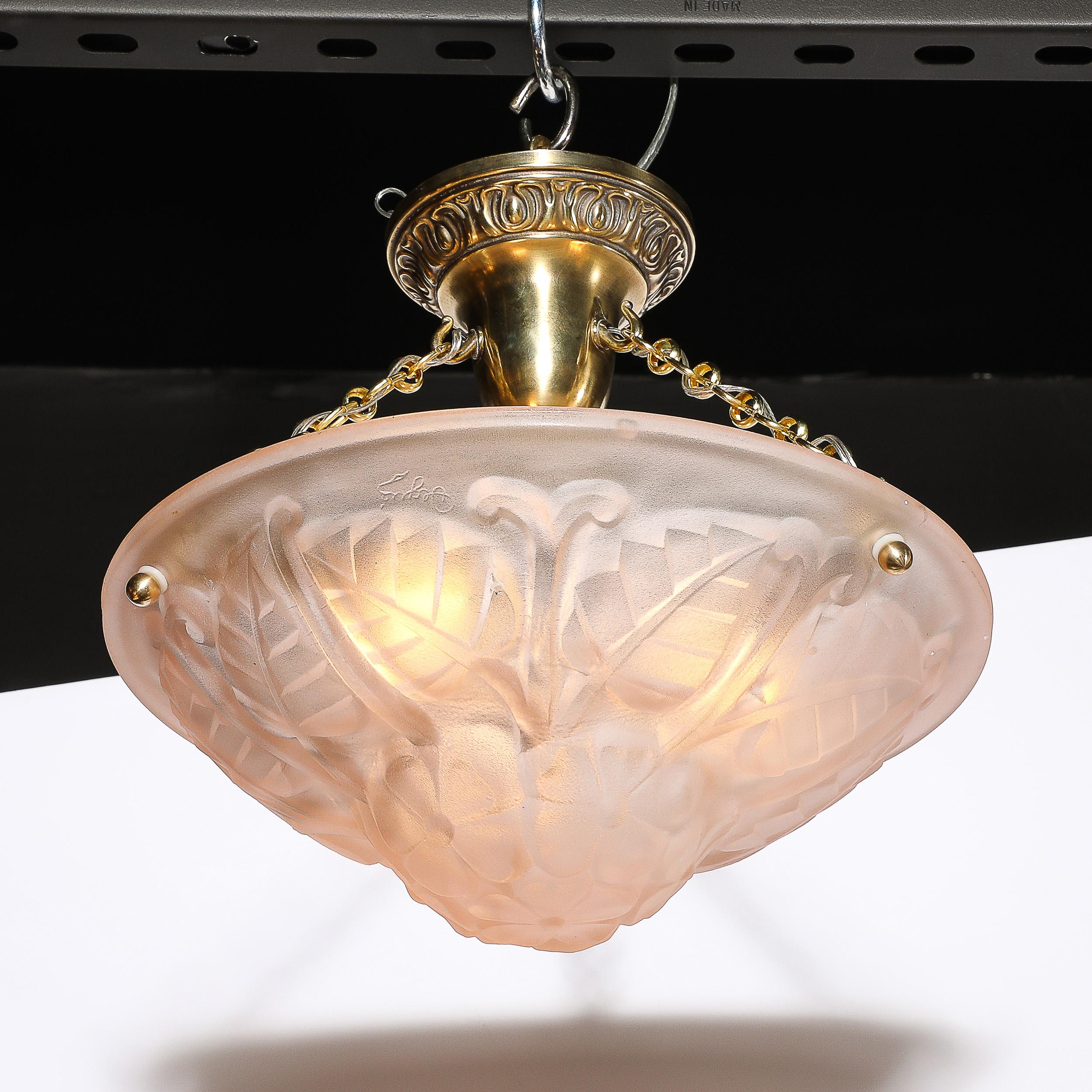Mid-20th Century Art Deco Frosted Rose Glass Pendant Chandelier Signed Degué For Sale