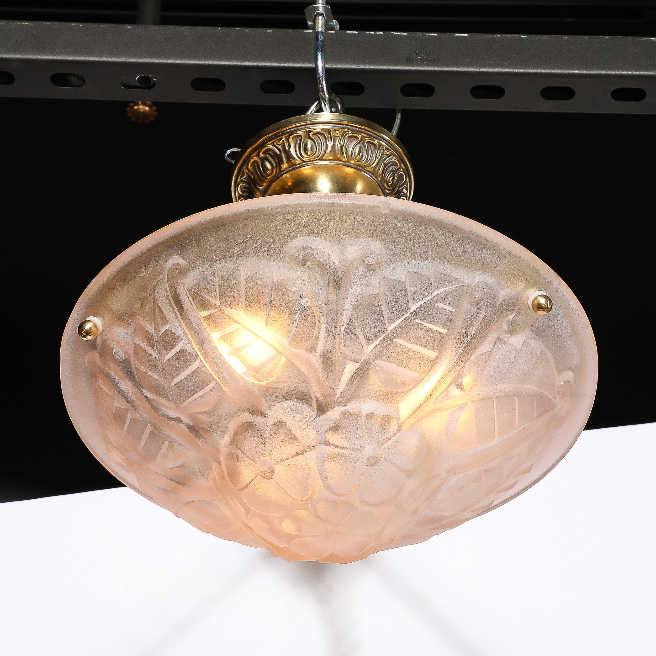 Brass Art Deco Frosted Rose Glass Pendant Chandelier Signed Degué For Sale