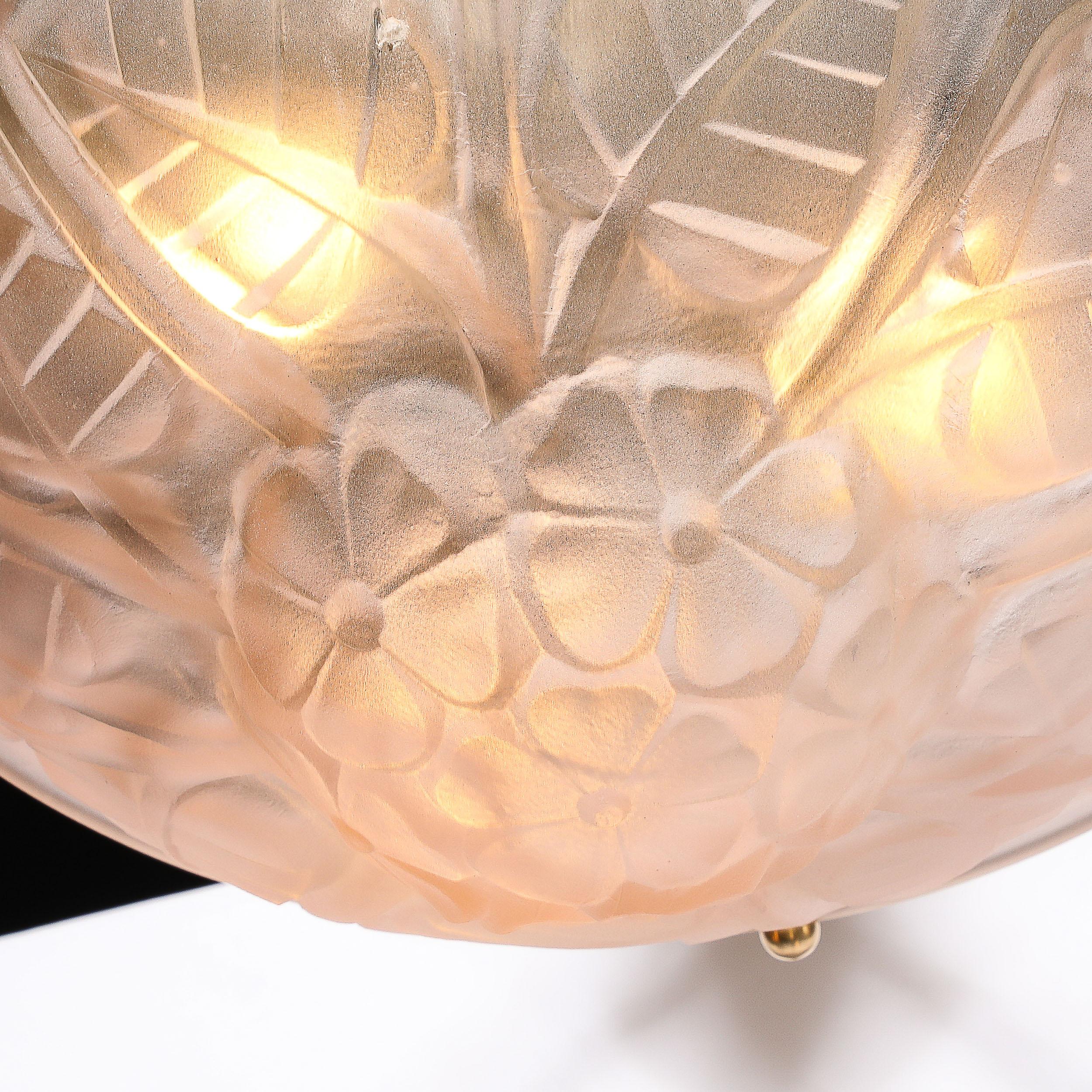 Art Deco Frosted Rose Glass Pendant Chandelier Signed Degué For Sale 1