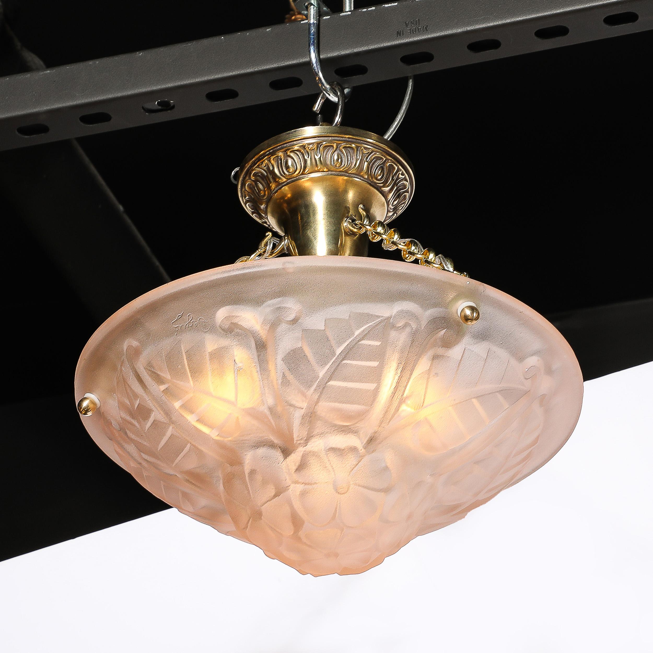 Art Deco Frosted Rose Glass Pendant Chandelier Signed Degué For Sale 2