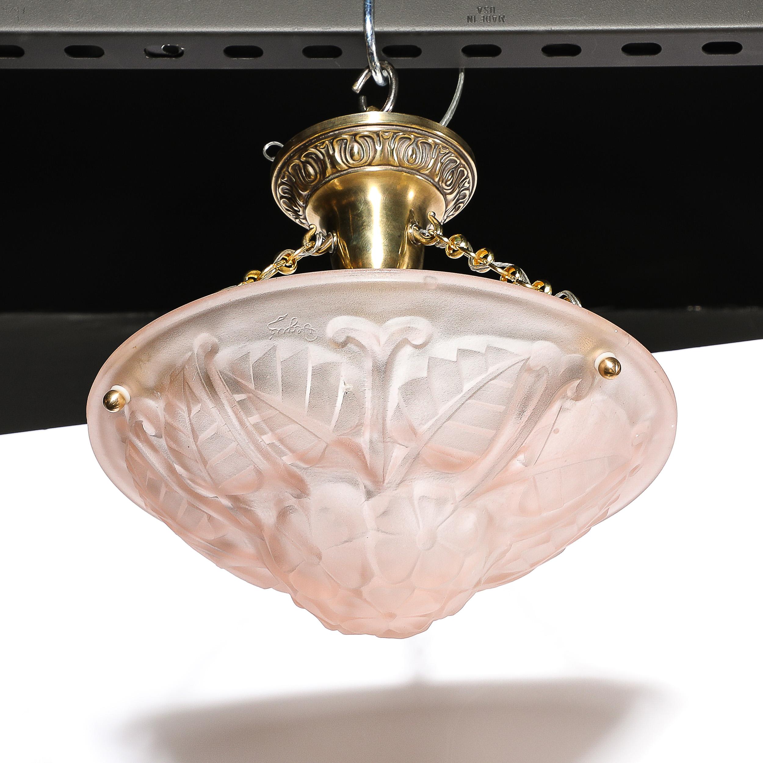 Art Deco Frosted Rose Glass Pendant Chandelier Signed Degué For Sale 3