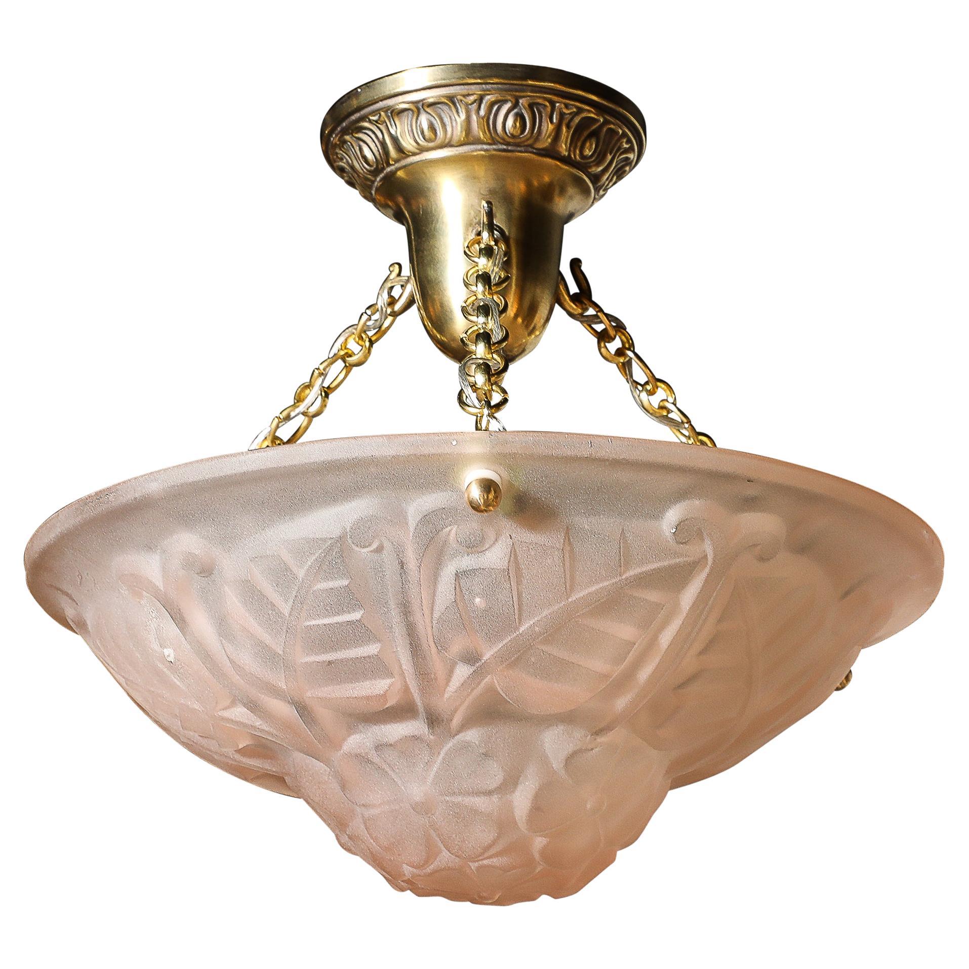 Art Deco Frosted Rose Glass Pendant Chandelier Signed Degué