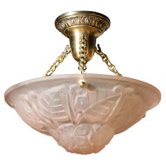 Art Deco Frosted Rose Glass Pendant Chandelier Signed Degué