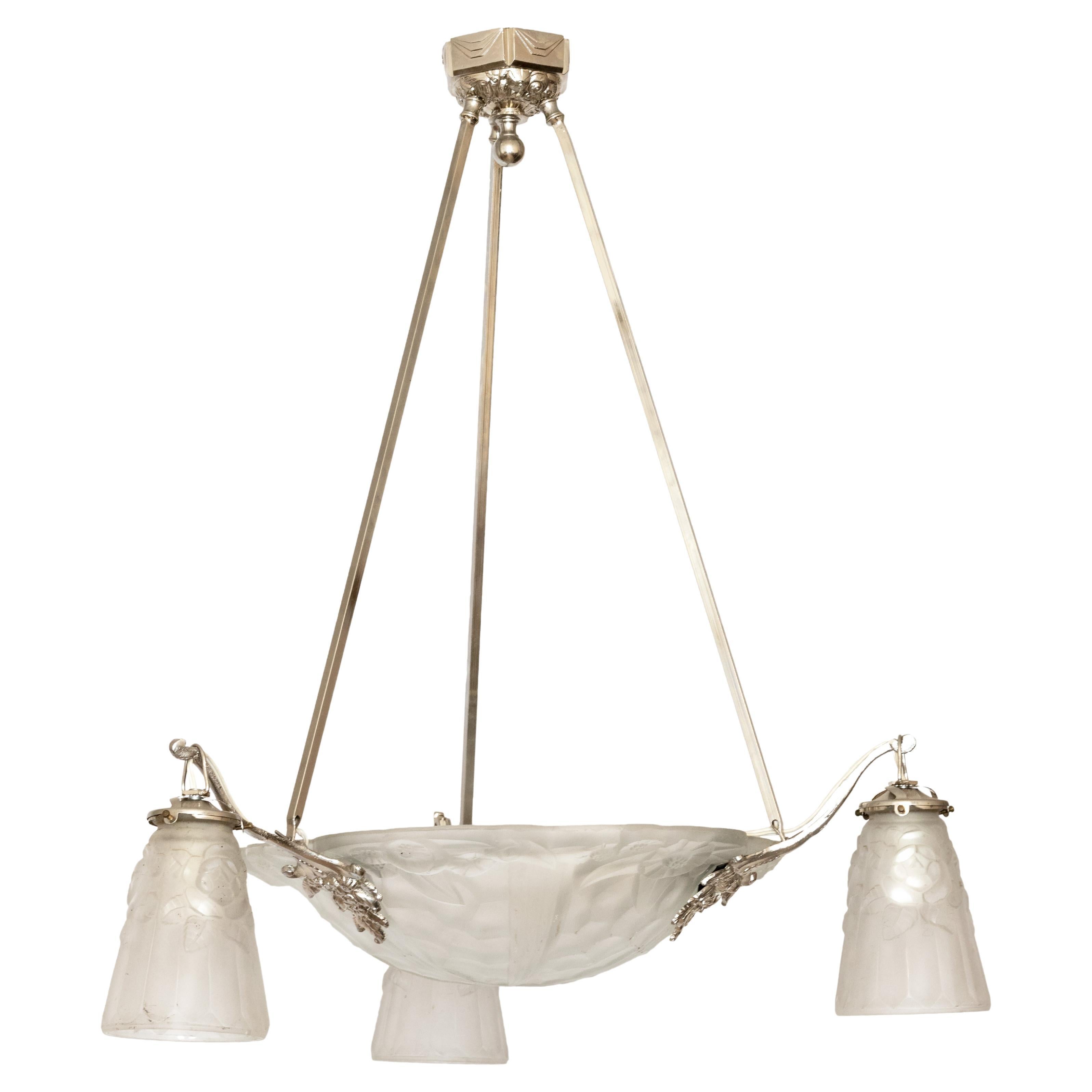 Art Deco Frosted Three Light Chandelier Glass by David Guéron, 20th Century For Sale