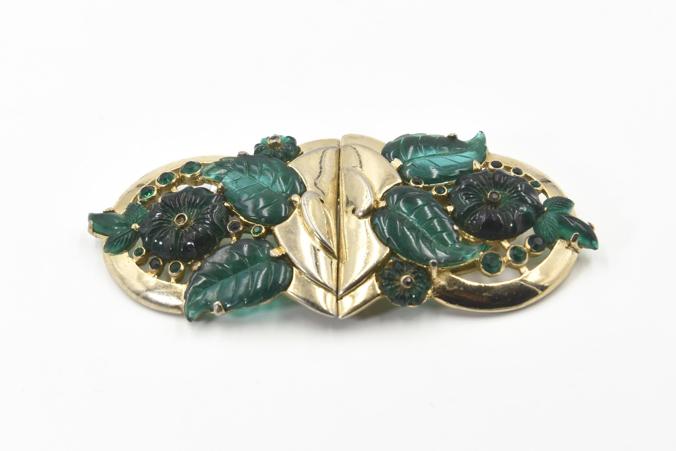 Rare vintage Art Deco Coro duette dress fur clips brooch featuring an emerald fruit salad design with flowers & leaves in a gold tone brooch. Pat. 1798867 & Coro Duette on the clip.  It can be worn as one brooch or removed from duette mount and worn