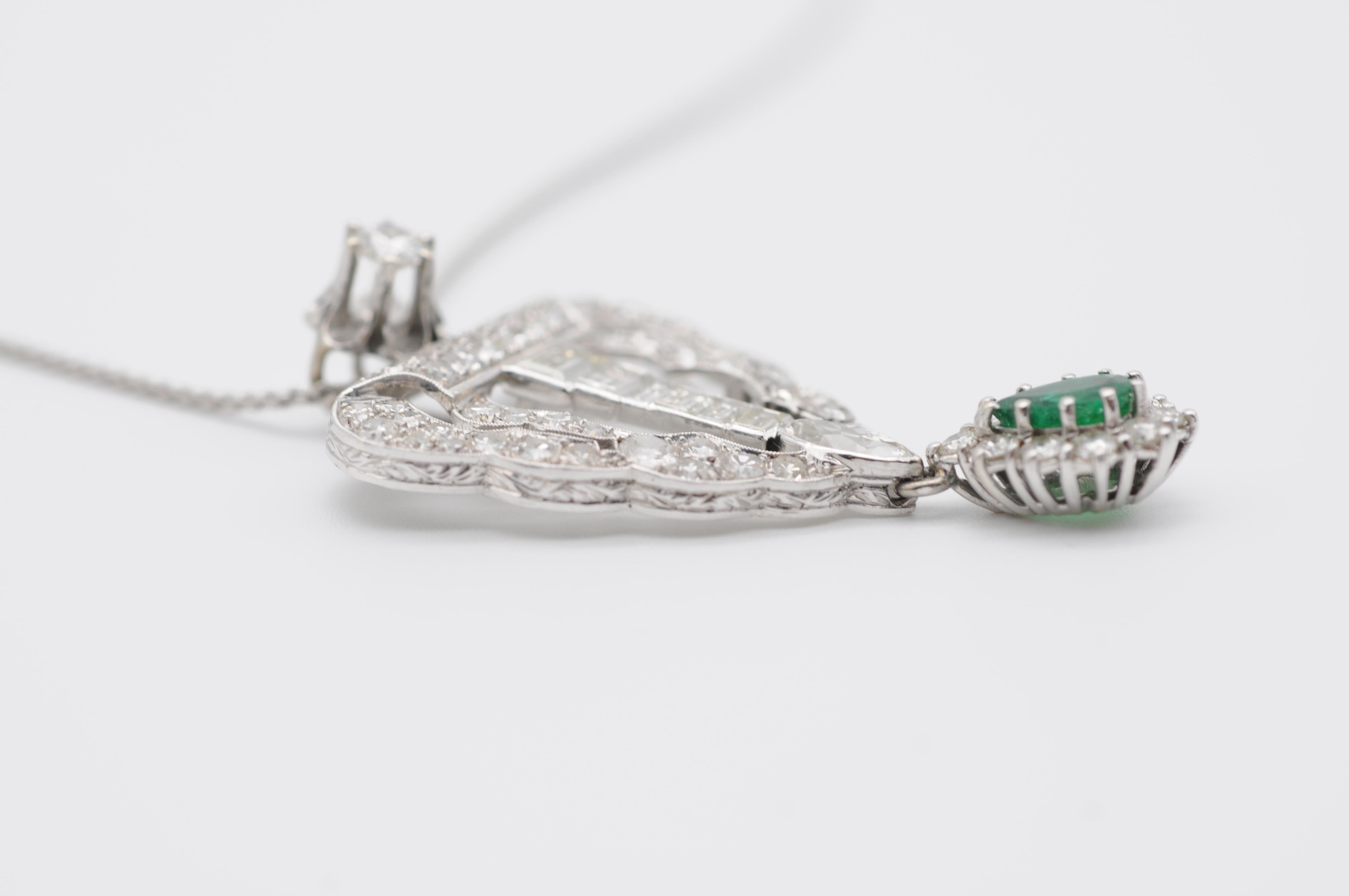 Art Deco full set diamond necklace with emerald 18k whitegold For Sale 6