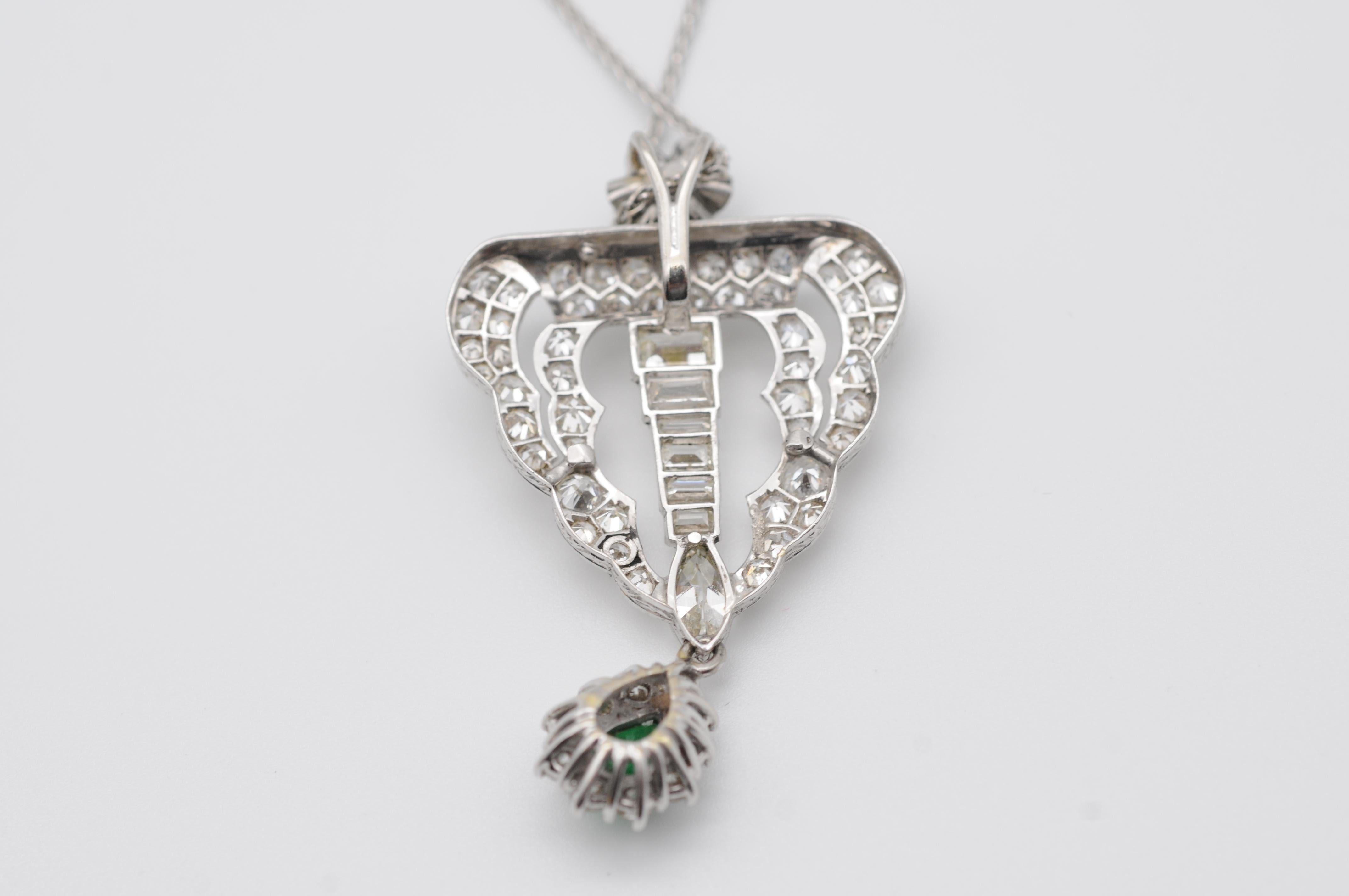 Art Deco full set diamond necklace with emerald 18k whitegold For Sale 7