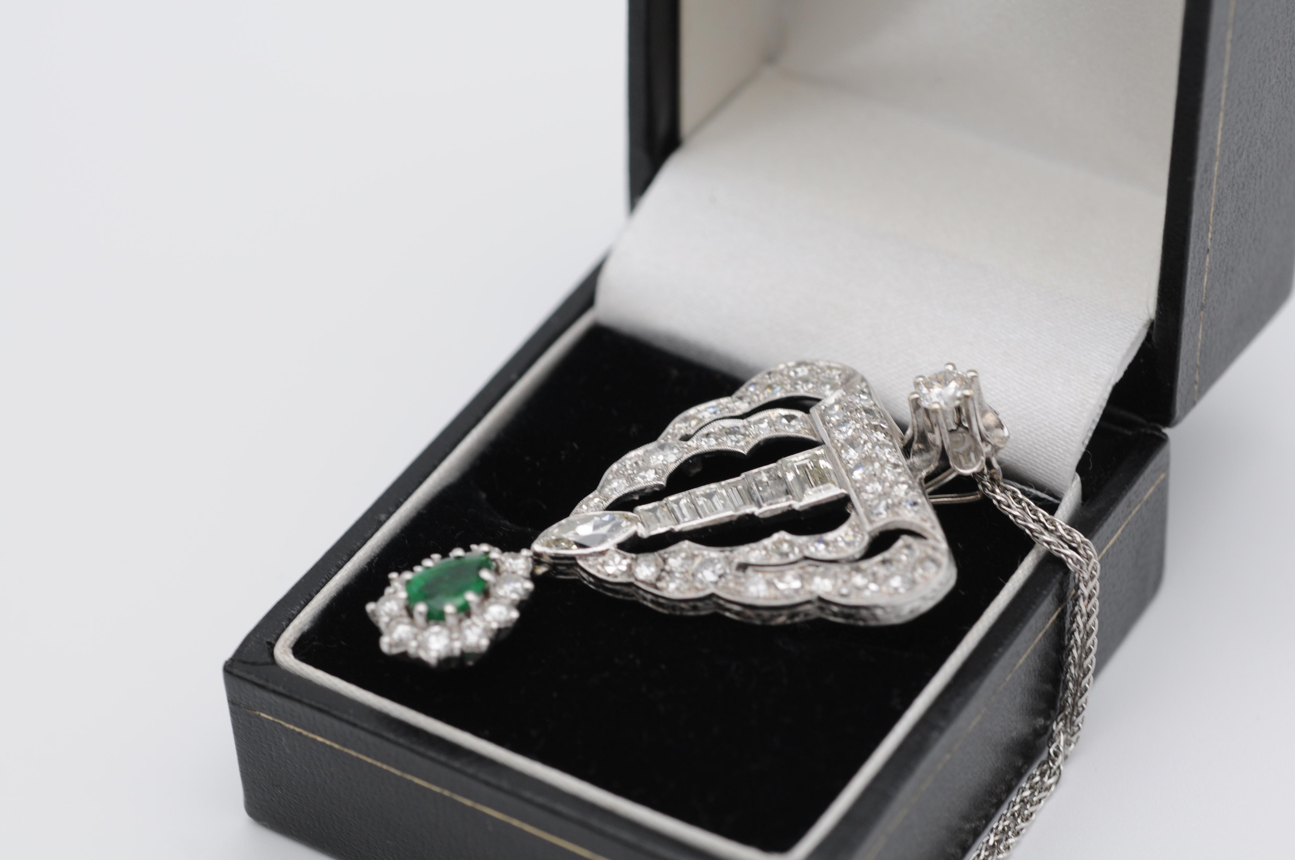 Art Deco full set diamond necklace with emerald 18k whitegold For Sale 12