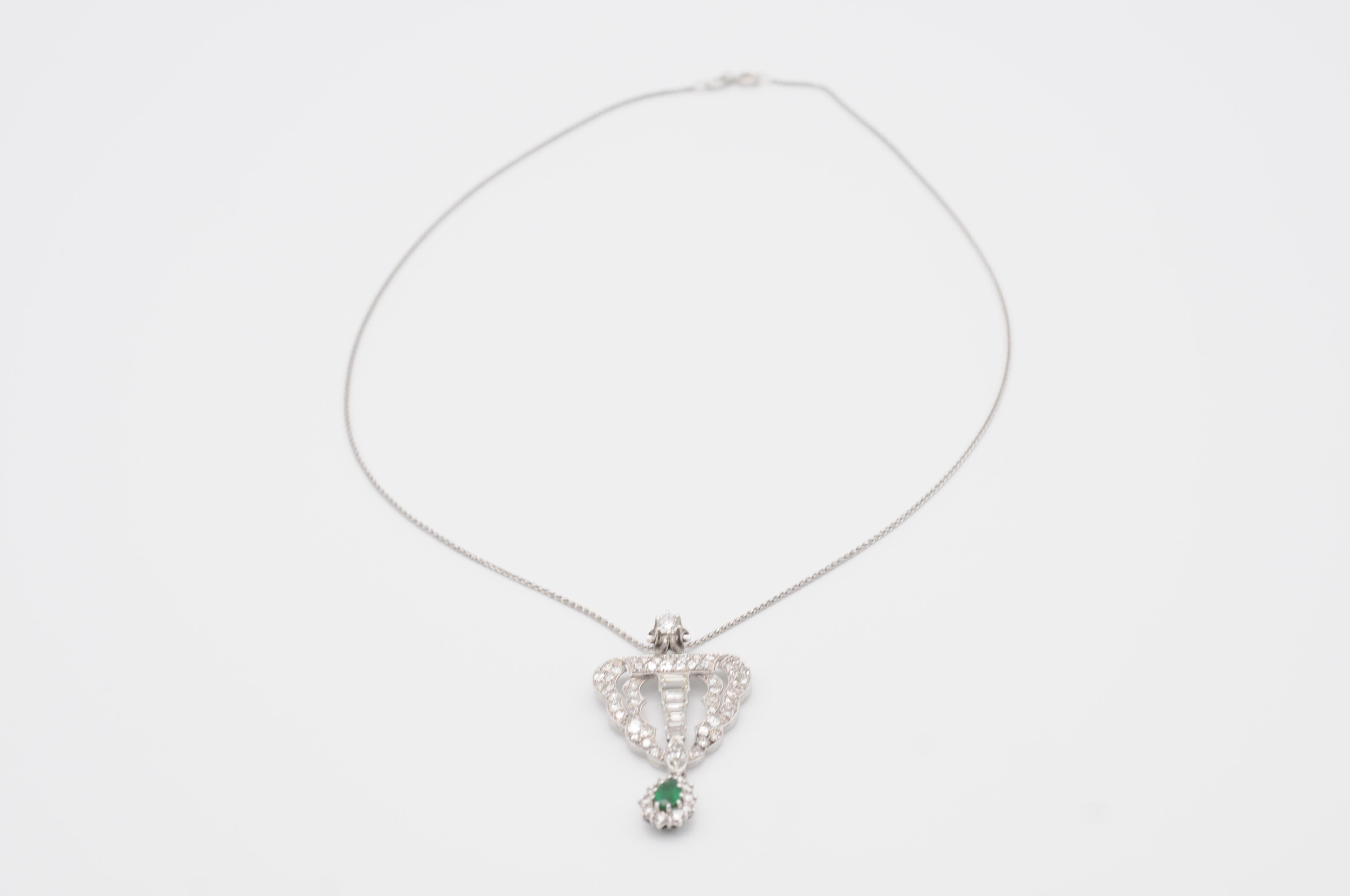 Art Deco full set diamond necklace with emerald 18k whitegold For Sale 1
