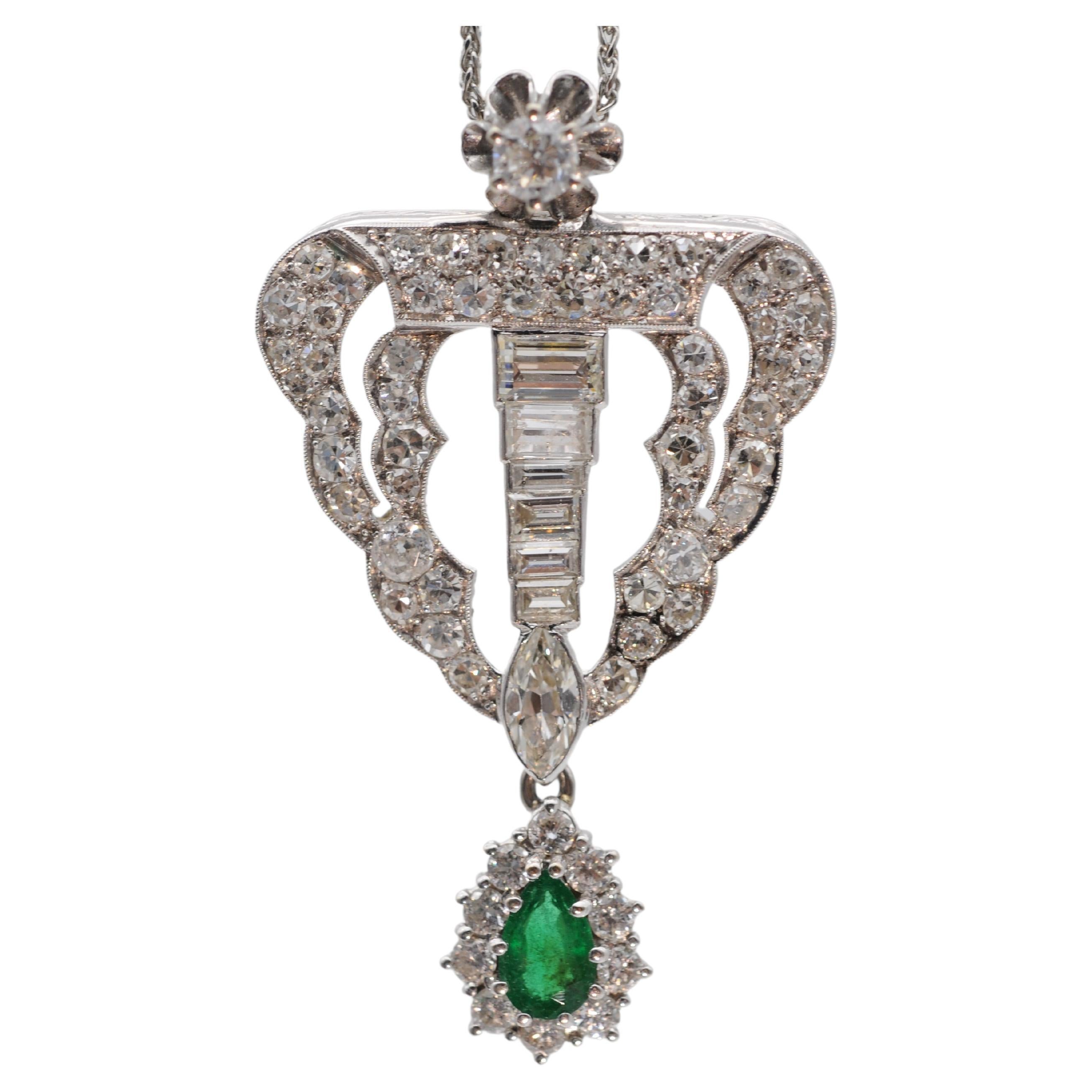 Art Deco full set diamond necklace with emerald 18k whitegold