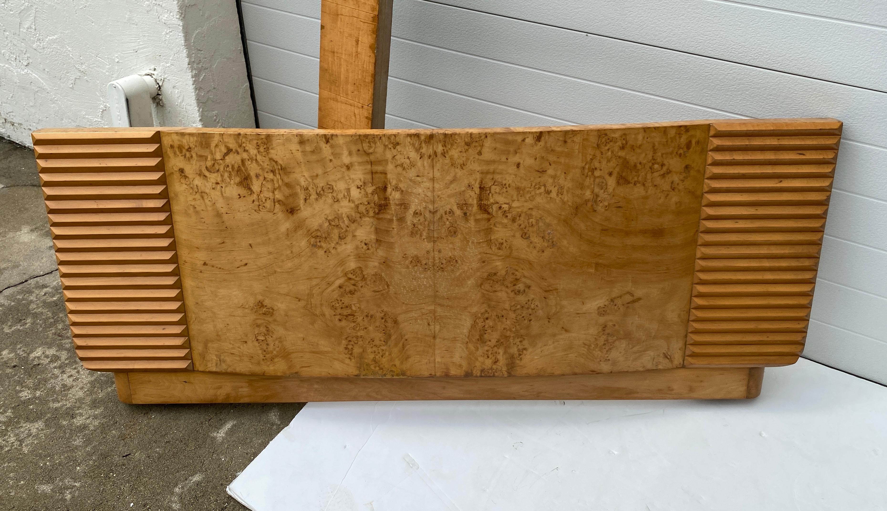 American Art Deco Full Size Bed Frame in Maple Burl Wood For Sale