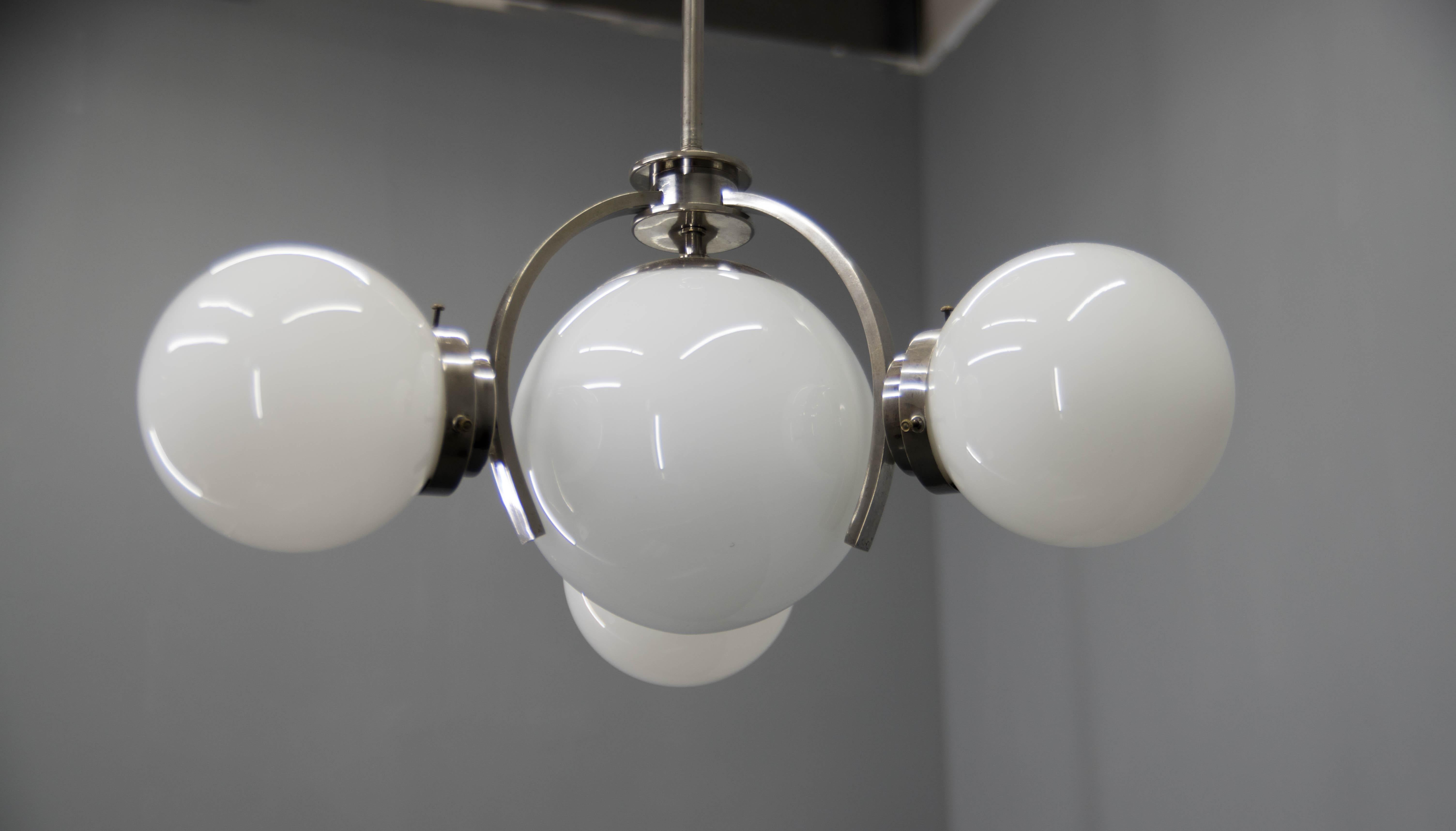 Czech Art Deco / Functionalist Nickel Chandelier, 1930s For Sale