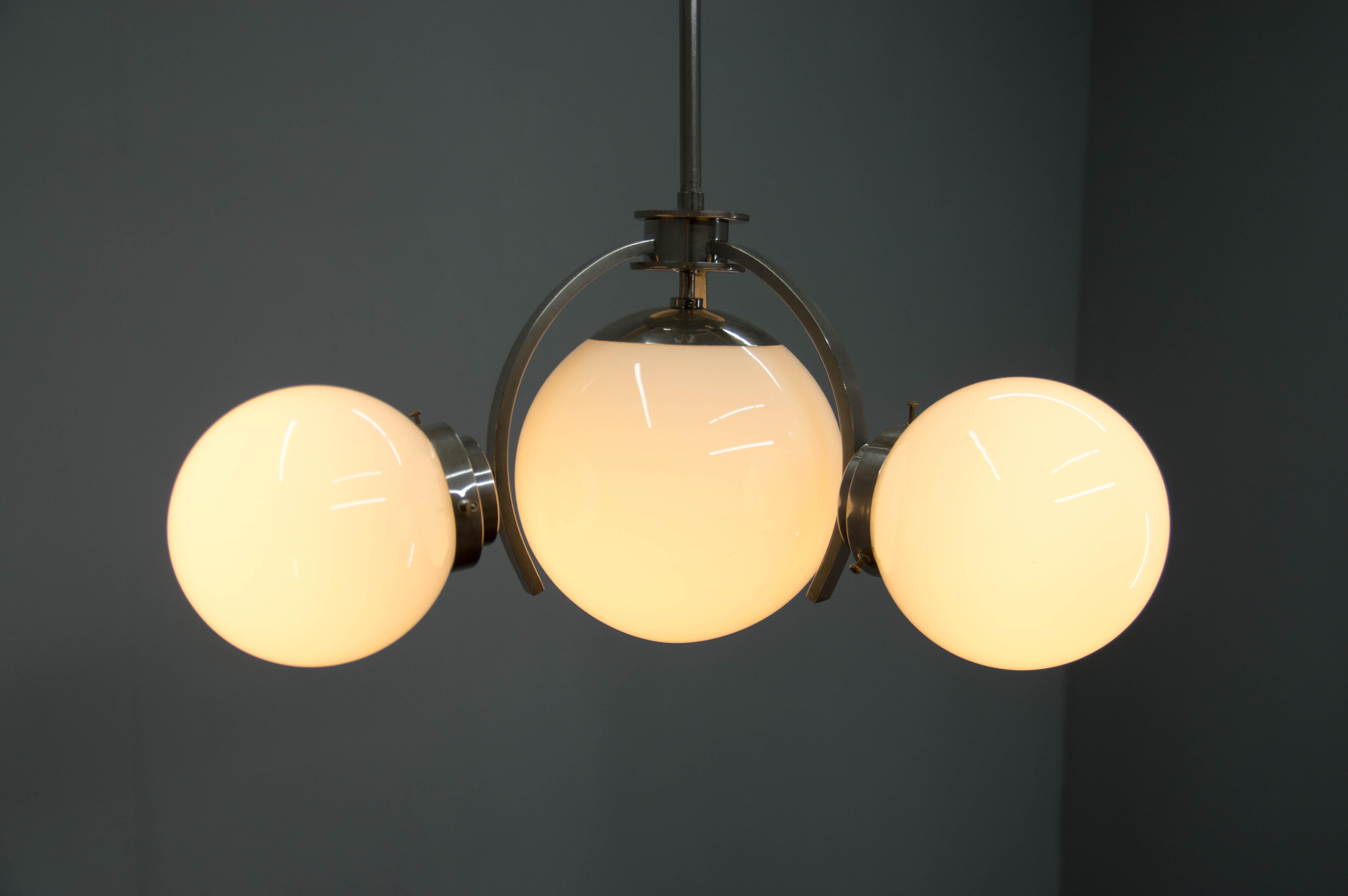 Opaline Glass Art Deco / Functionalist Nickel Chandelier, 1930s For Sale