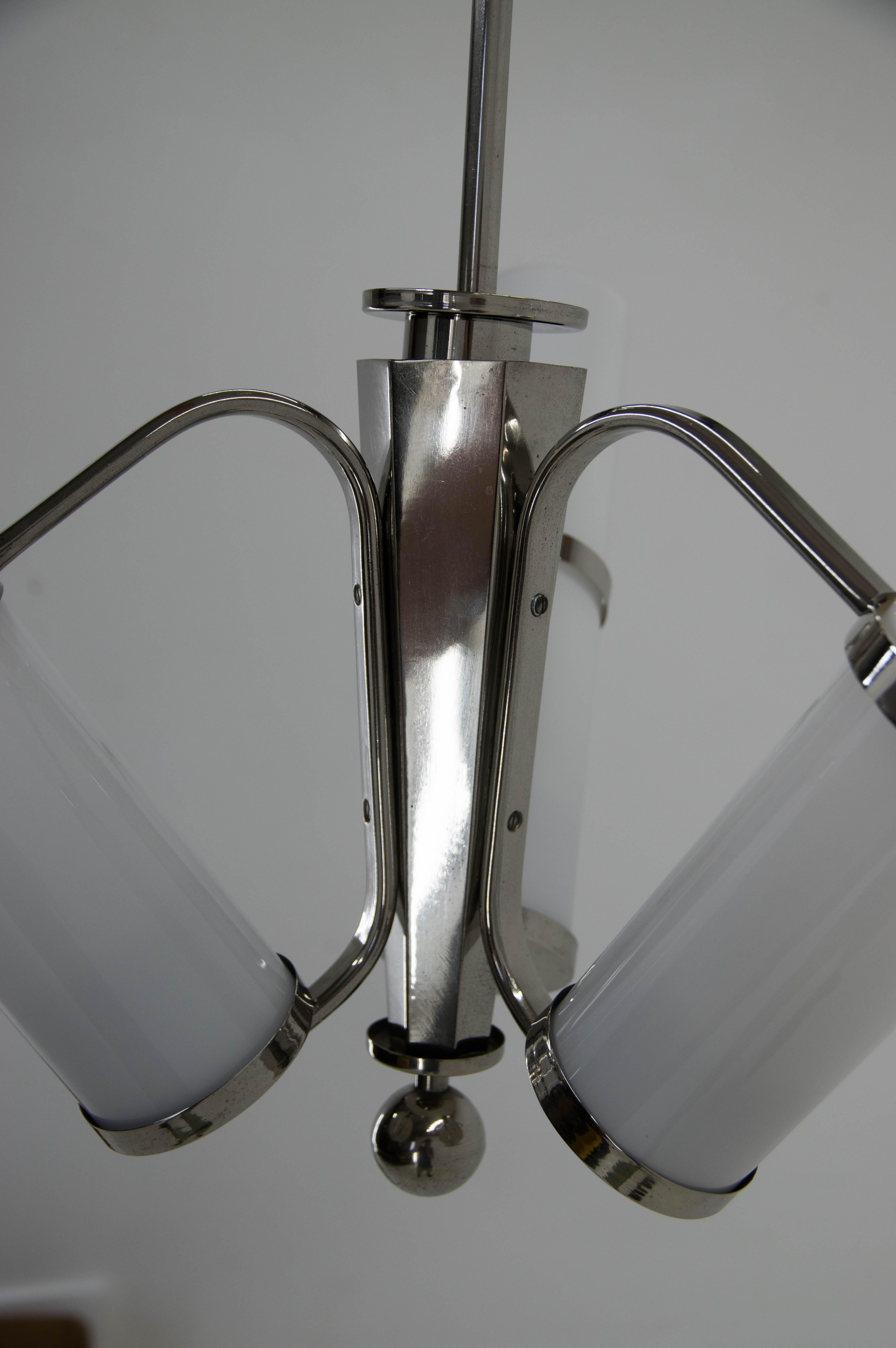 Opaline Glass Art Deco / Functionalist Tubular Chandelier, 1930s For Sale