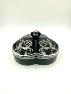 Art Deco Garland Silver Overlay Black Amethyst Glass Covered Candy Dish Box Jar