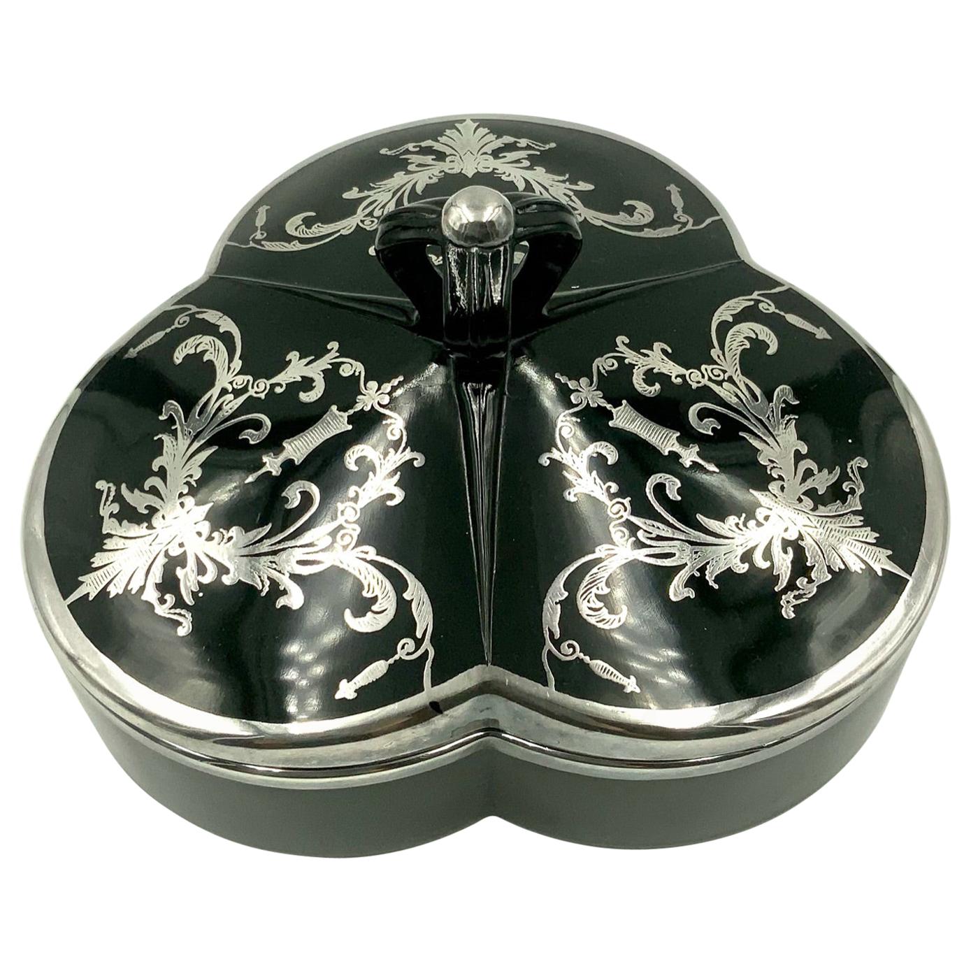 Art Deco Garland Silver Overlay Black Amethyst Glass Covered Candy Dish Box Jar