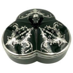 Art Deco Garland Silver Overlay Black Amethyst Glass Covered Candy Dish Box Jar