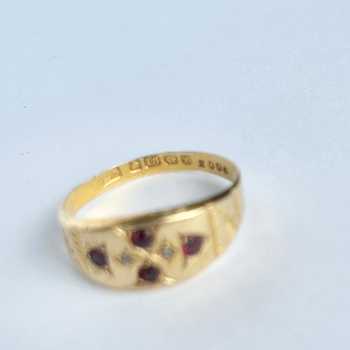 Art-Déco-Ring aus 18 Karat Gold mit Granat und Diamant im Zustand „Gut“ im Angebot in Chipping Campden, GB
