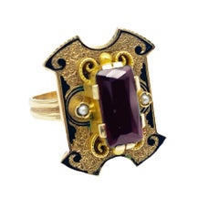 Art Deco Garnet & Enamel Ring Shield Design 14 Karat