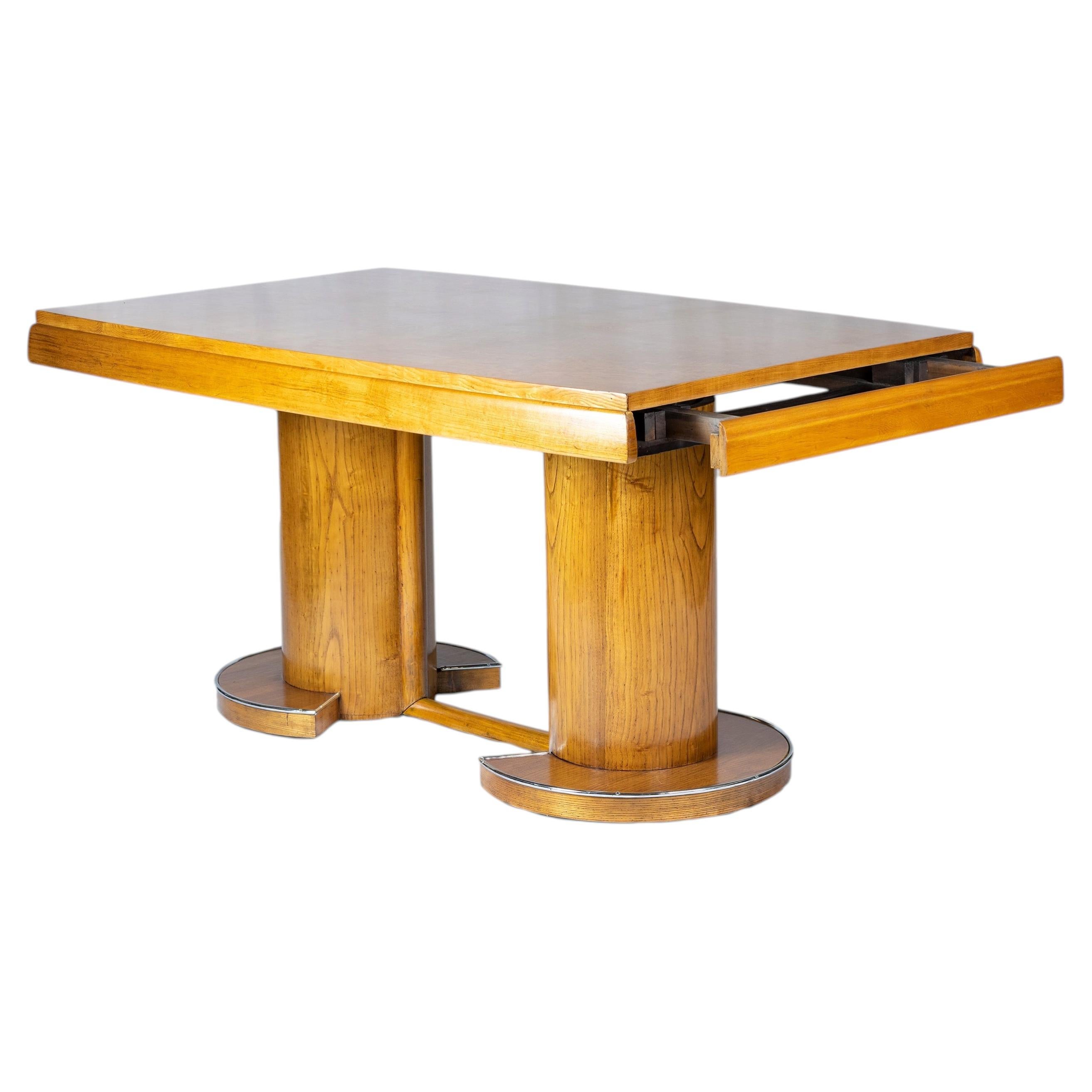 Art Deco Gaston Poisson Style Walnut Dining Extensible Table For Sale