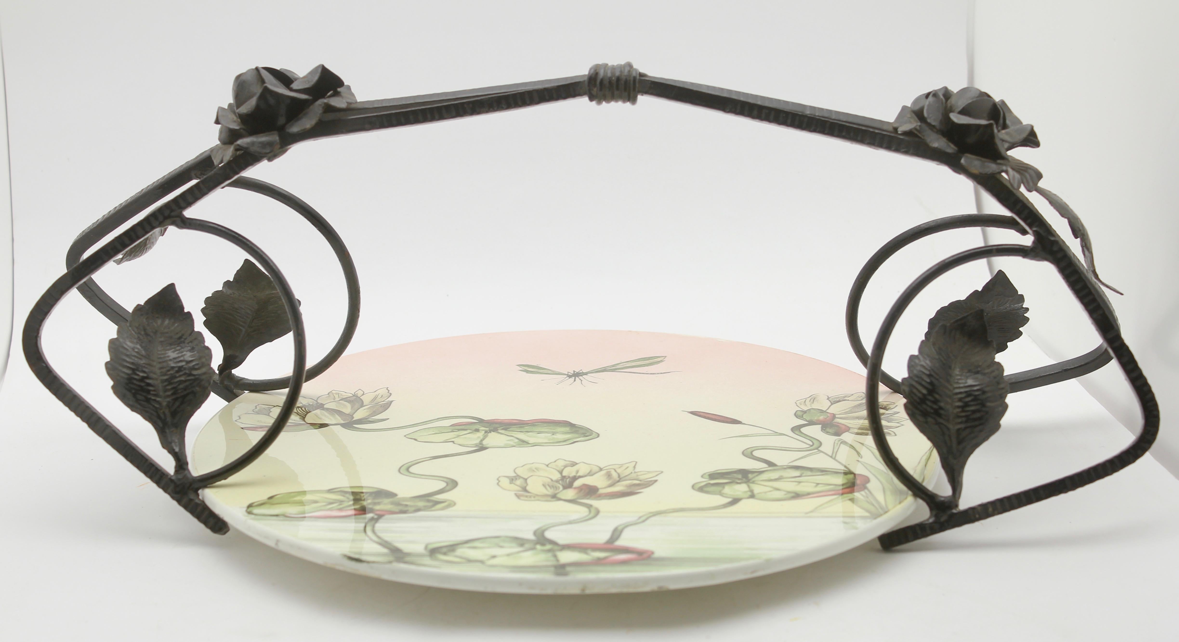 Belgian Art Deco Gateau Set, Porcelain Plate with Handle or Carrier in Wrought Iron For Sale