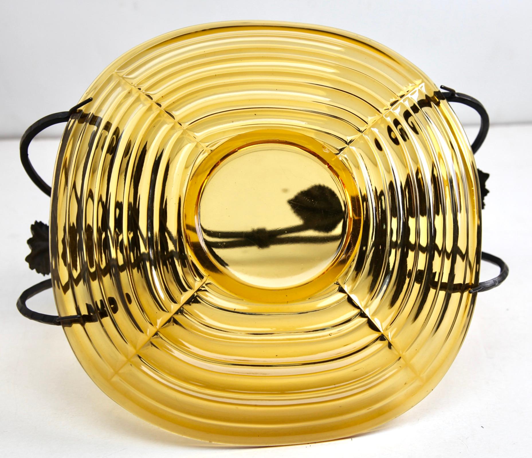 Art Deco Gateau Set, Pressed Glass Dish with Handle/Carrier in Wrought Iron For Sale 3