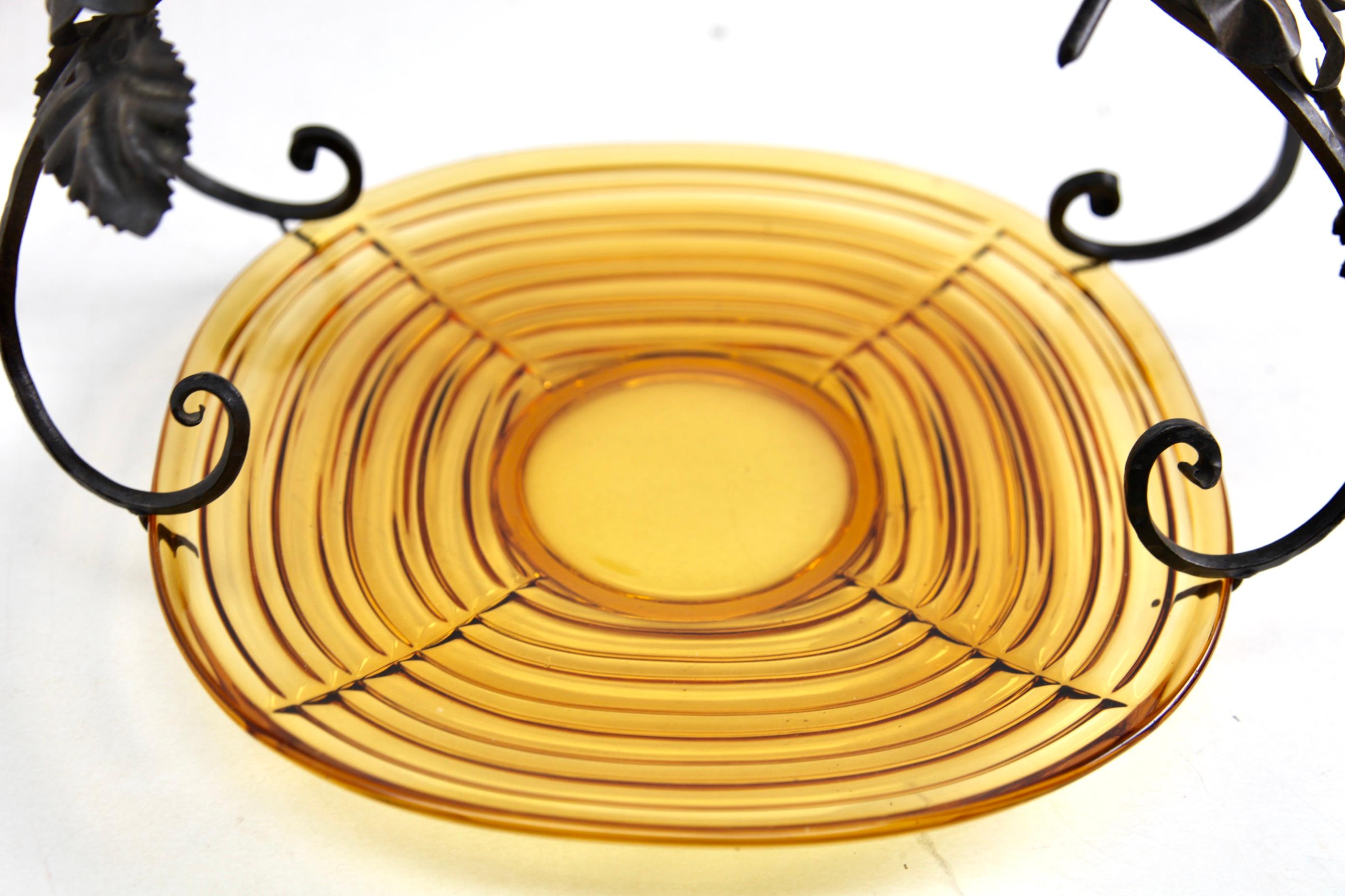 Art Deco Gateau Set, Pressed Glass Dish with Handle/Carrier in Wrought Iron For Sale 4