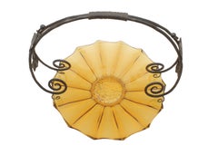 Art Deco Gateau Set, Pressed Glass Dish with Handle/Carrier in Wrought Iron