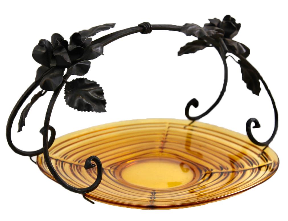 Belgian Art Deco Gateau Set, Pressed Glass Dish with Handle/Carrier in Wrought Iron For Sale