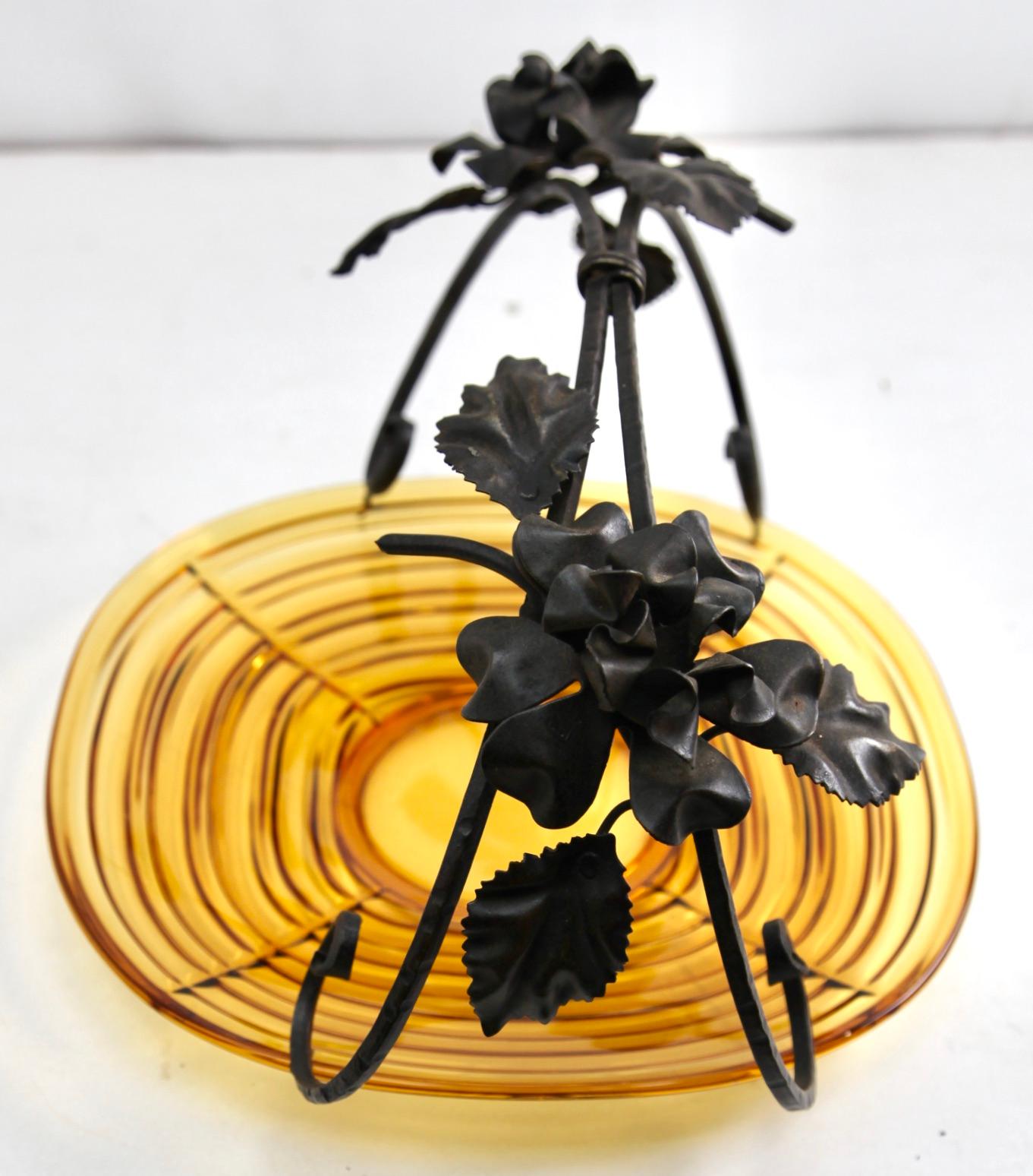 Forged Art Deco Gateau Set, Pressed Glass Dish with Handle/Carrier in Wrought Iron For Sale