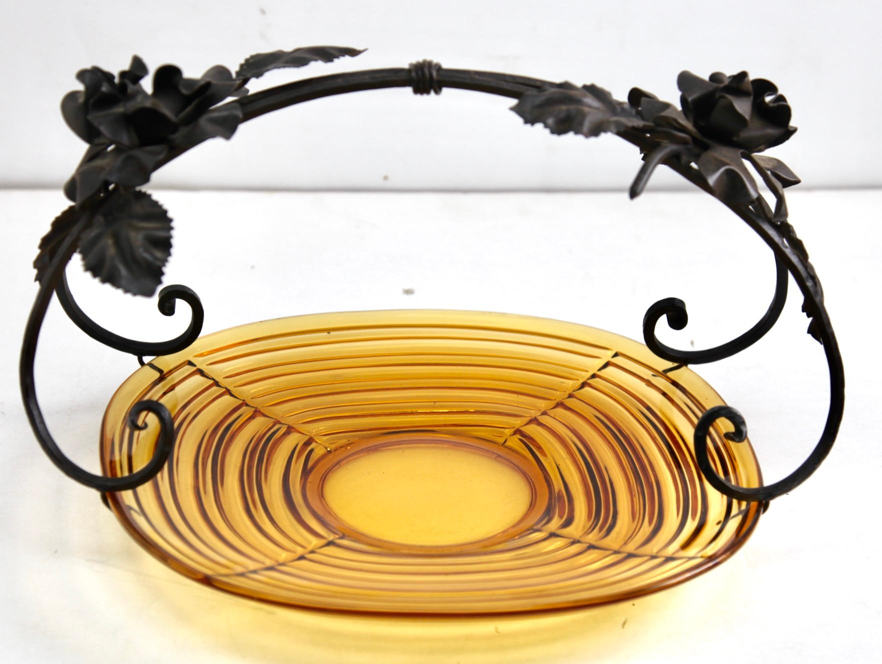 Mid-20th Century Art Deco Gateau Set, Pressed Glass Dish with Handle/Carrier in Wrought Iron For Sale