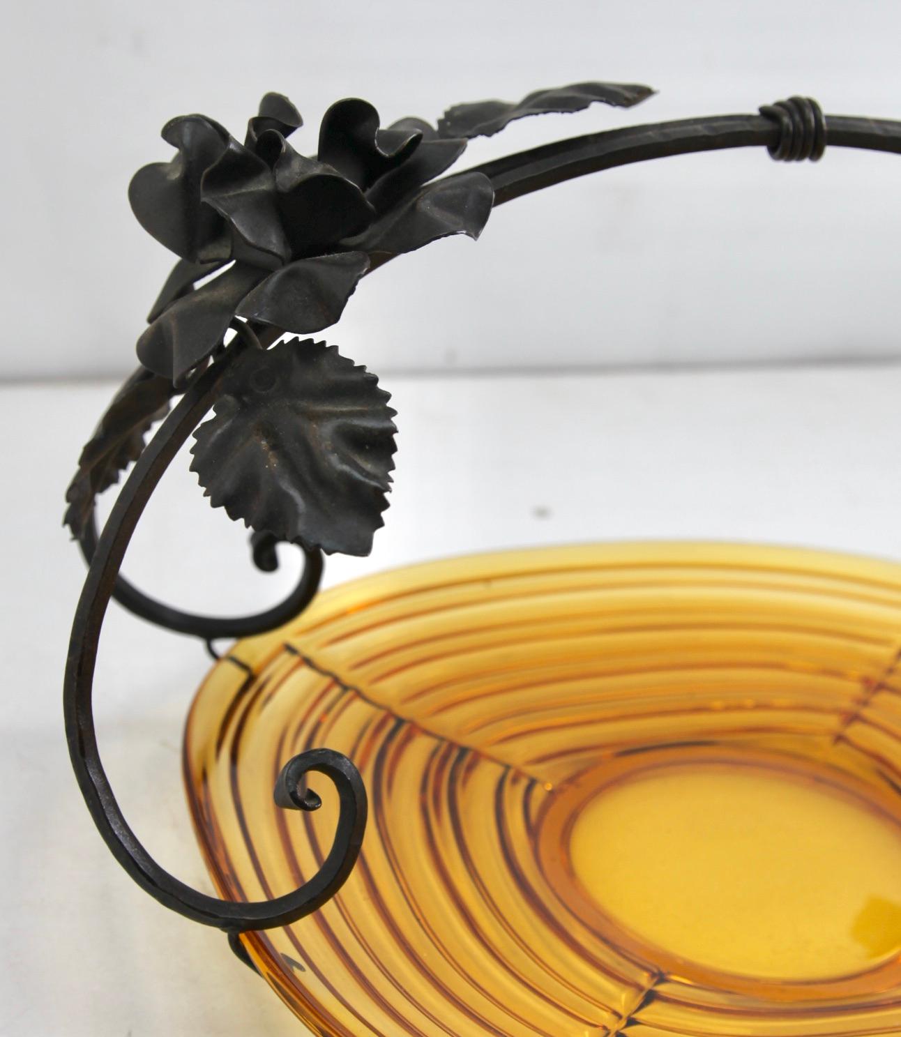 Metal Art Deco Gateau Set, Pressed Glass Dish with Handle/Carrier in Wrought Iron For Sale