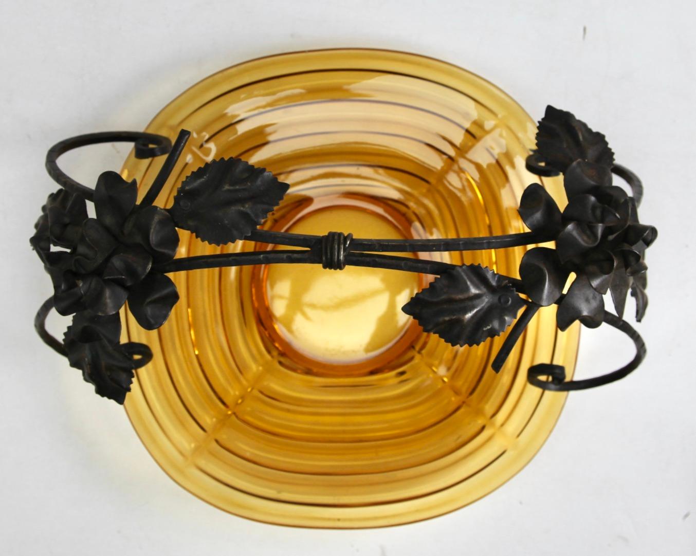 Art Deco Gateau Set, Pressed Glass Dish with Handle/Carrier in Wrought Iron For Sale 2
