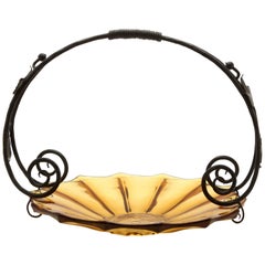 Art Deco Gateau Set, Pressed Glass Dish with Handle/Carrier in Wrought Iron