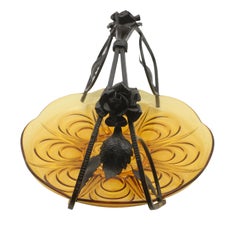 Art Deco Gateau Set, Pressed Glass Dish with Handle or Carrier in Wrought Iron