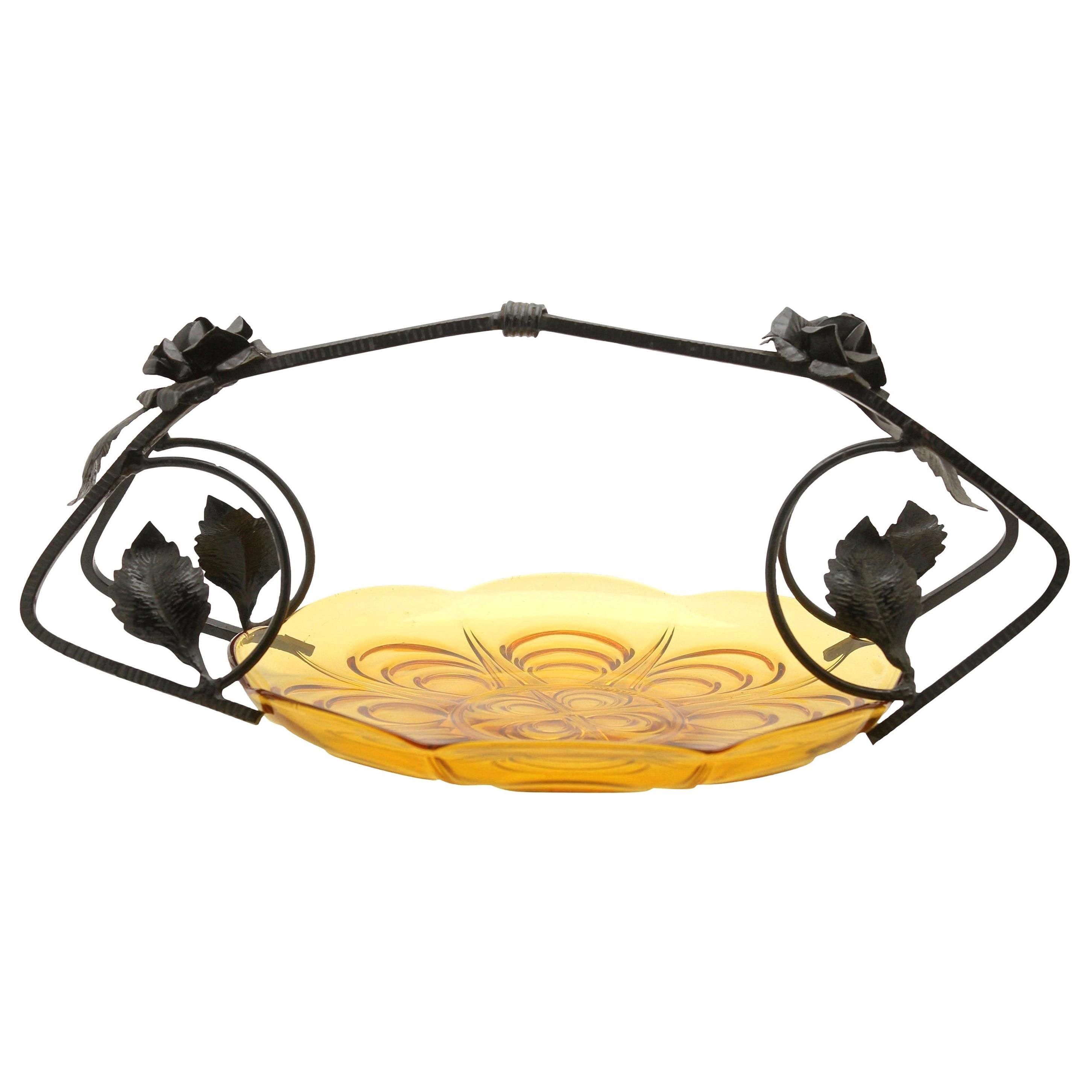Art Deco Gateau Set, Pressed Glass Dish with Handle or Carrier in Wrought Iron