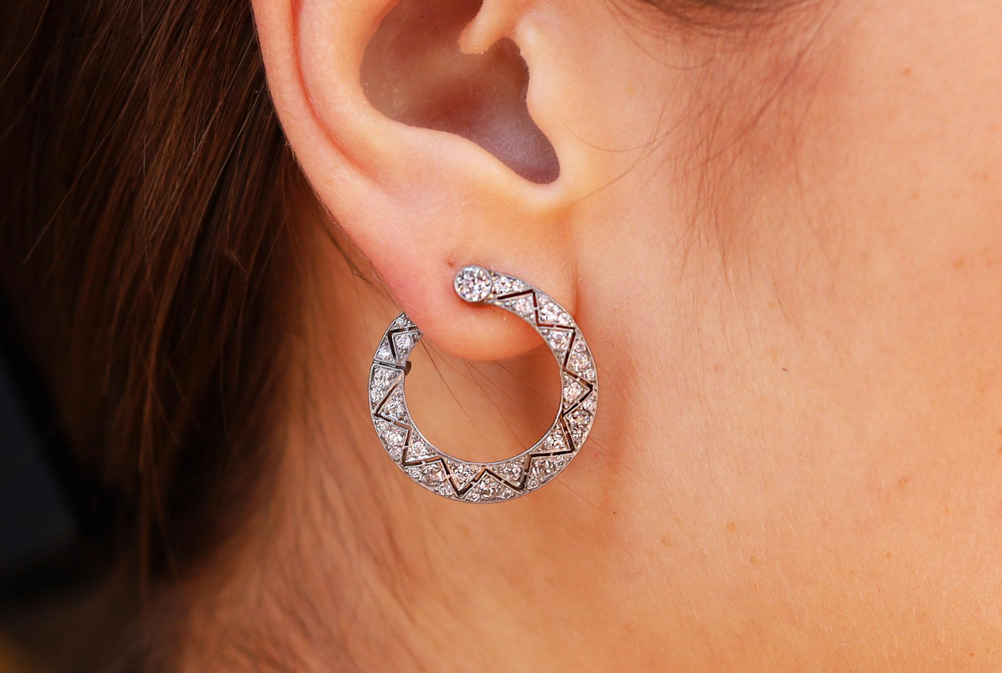 Art Deco Gatsby Era Diamond and Platinum Hoop Earrings In Excellent Condition For Sale In Santa Barbara, CA