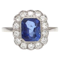 Art Deco GCS Certified 2.21ct Burmese Sapphire and Diamond Cluster Ring