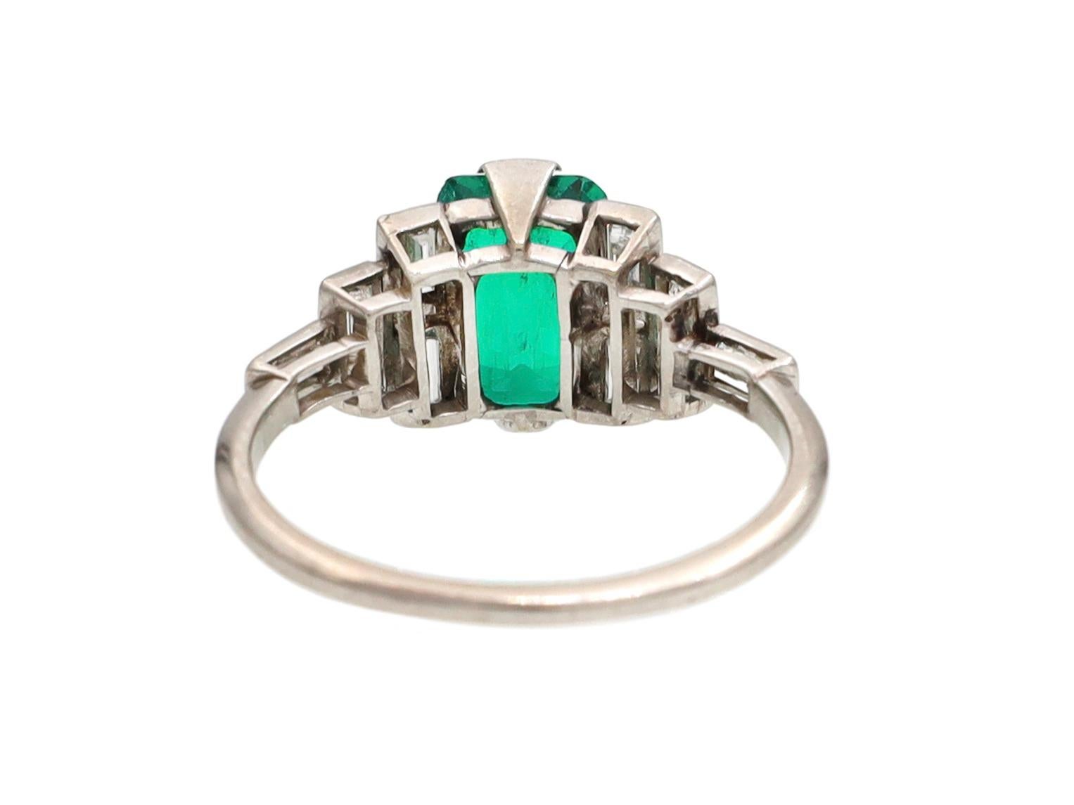Emerald Cut Art Deco GCS Certified Colombian Emerald and Baguette Diamond Ring in Platinum