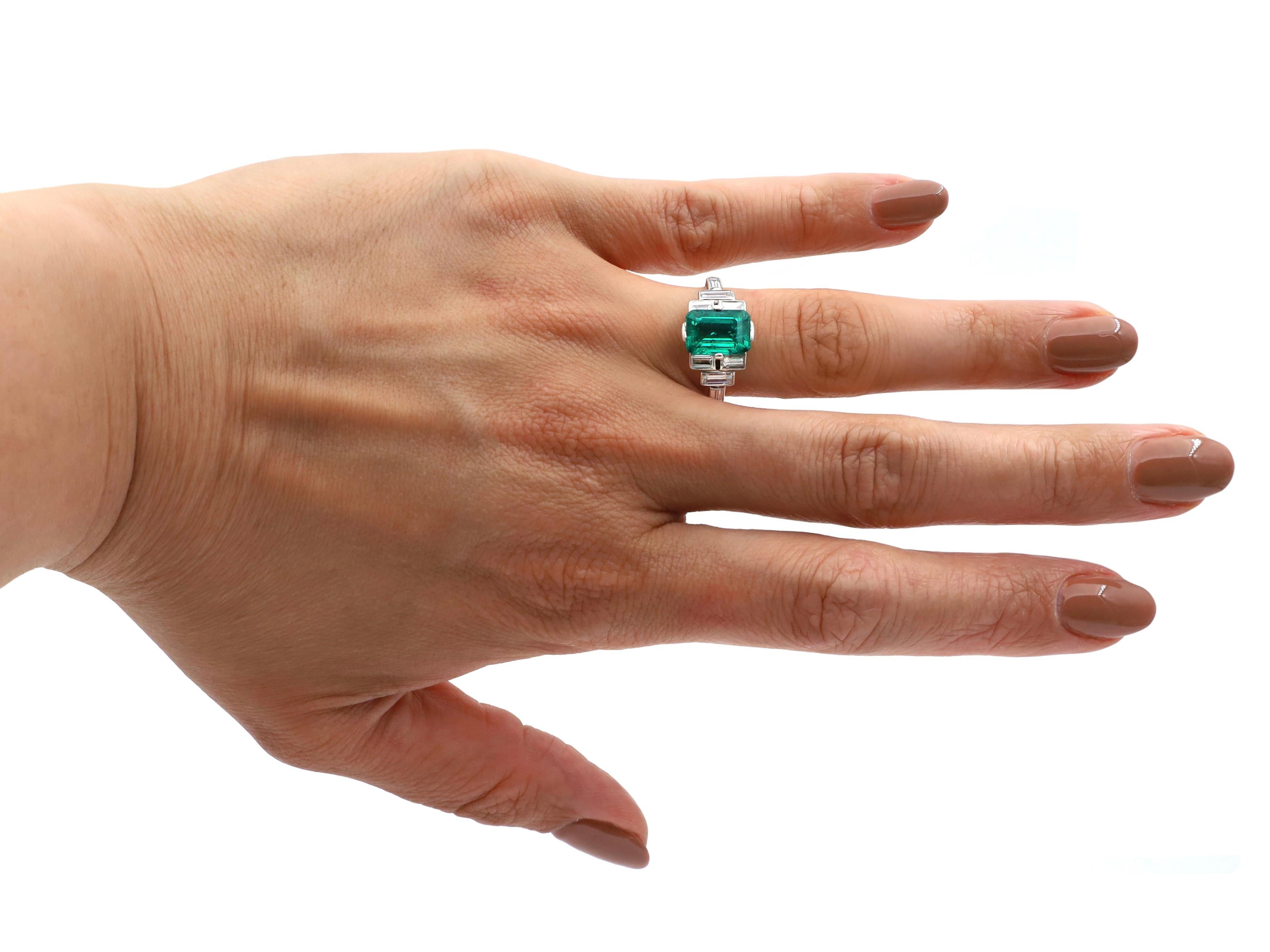 Women's Art Deco GCS Certified Colombian Emerald and Baguette Diamond Ring in Platinum