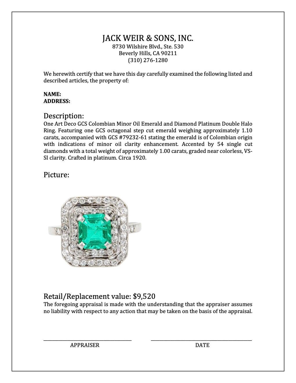 Art Deco GCS kolumbianischer kleiner Öl-Smaragd- und Diamant-Platinring mit doppeltem Halo-Ring, Art déco 3