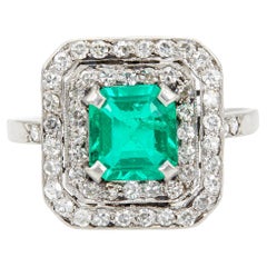 Art Deco GCS Colombian Minor Oil Emerald and Diamond Platinum Double Halo Ring