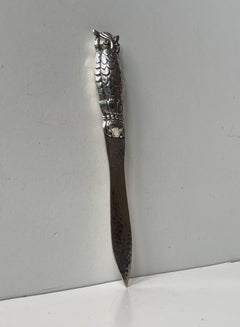 Art Deco Gem Set Owl Letter Opener in Silver Plate, 1930s