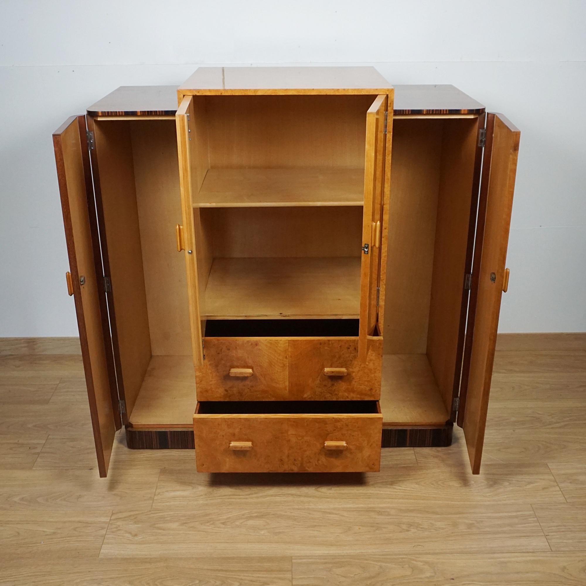 Macassar Art Deco Gentleman's Wardrobe. Burr Walnut and For Sale