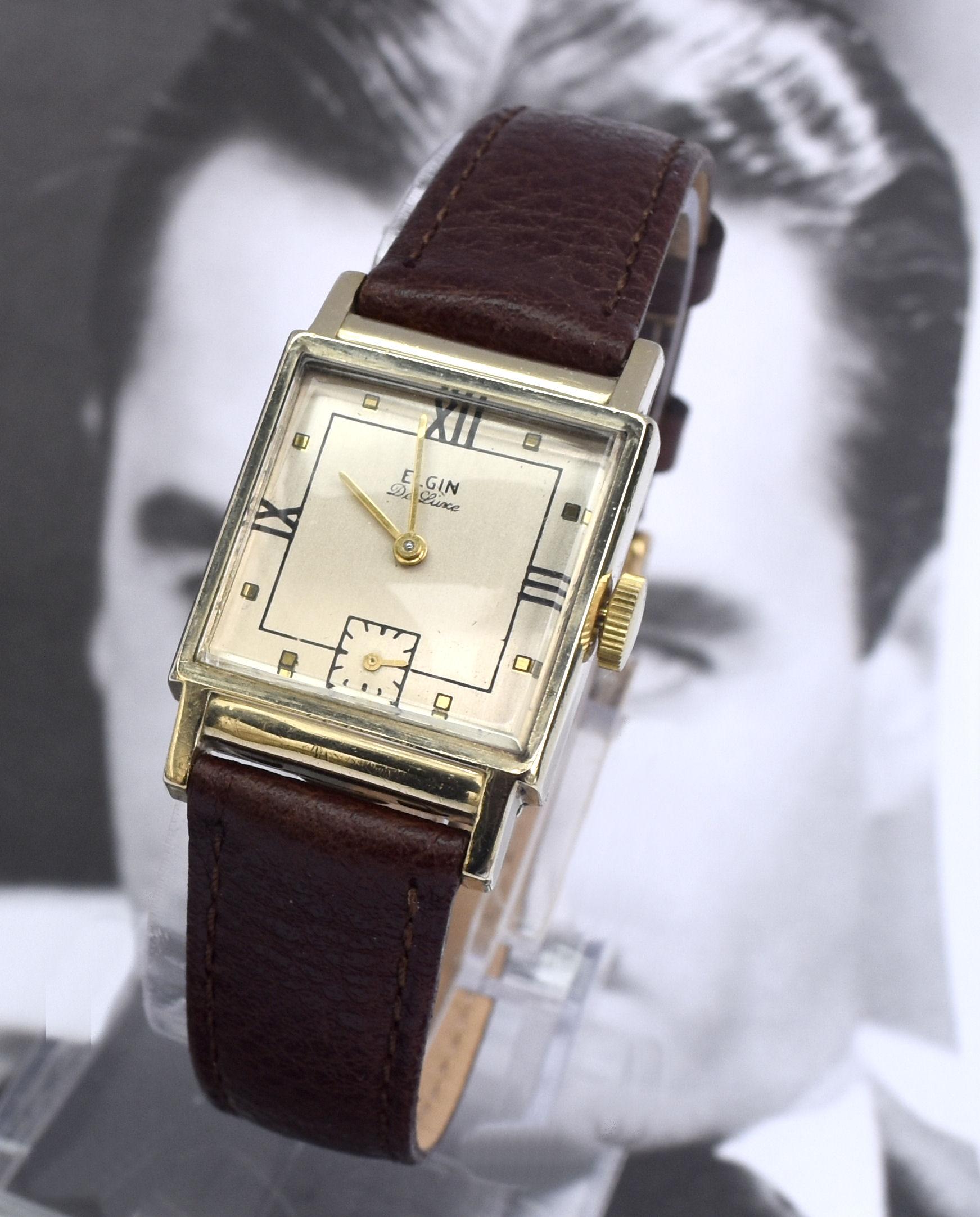 Art Deco Gents 10k Gold Filled Watch by Elgin, Fully Serviced, c1946 In Good Condition In Westward ho, GB